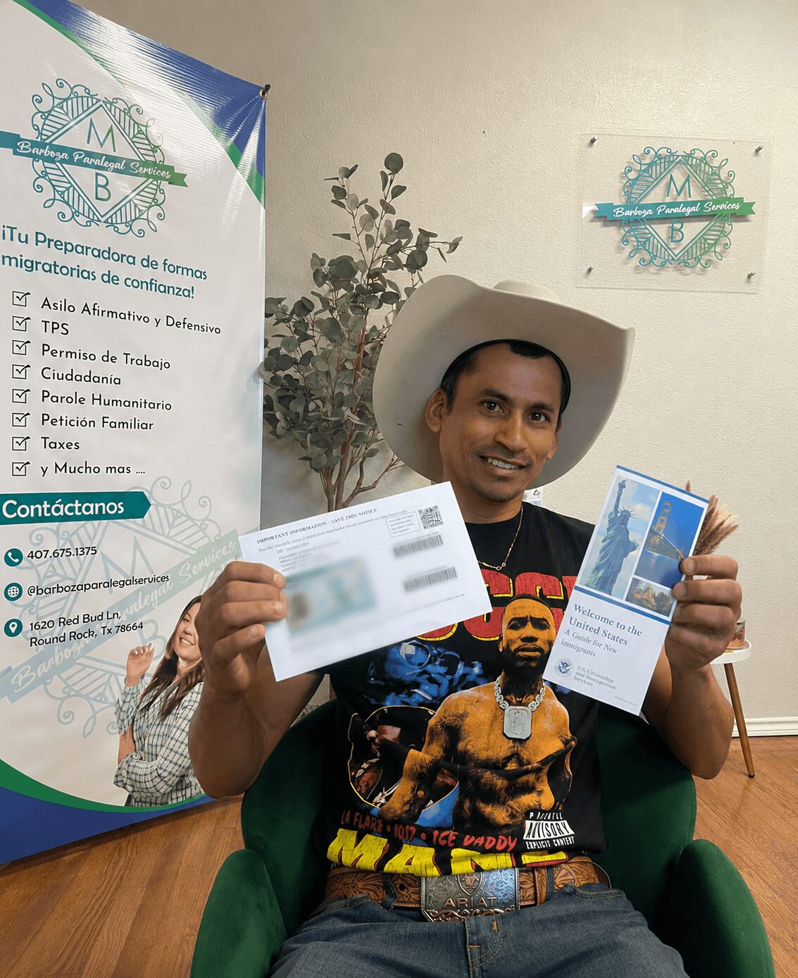 Man wearing a cowboy hat sitting in a green chair, holding a document and a flyer, with a plant and banner in the background.