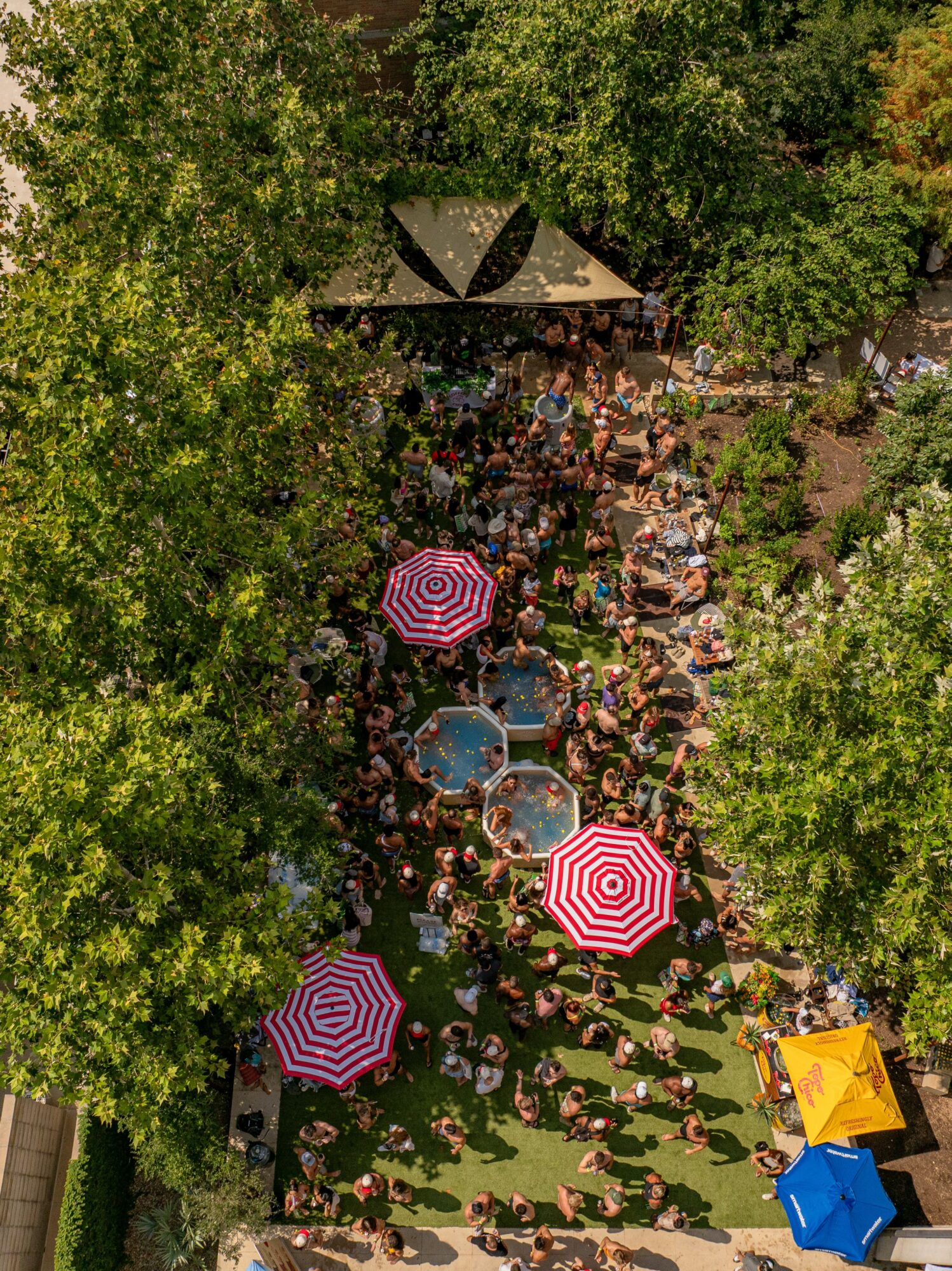 Crowd gathered outdoors with umbrellas, trees, and a small building, viewed from above.