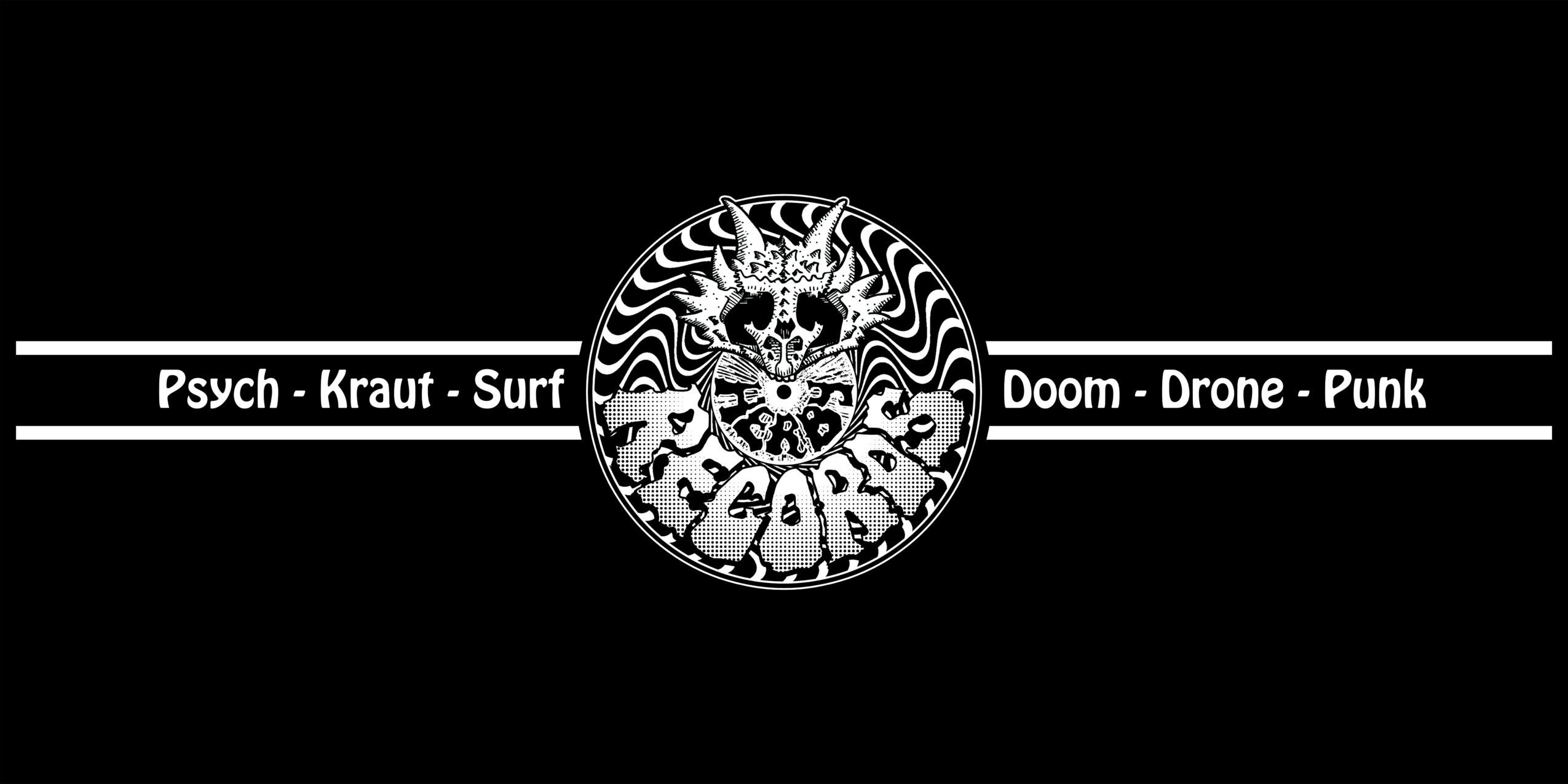 Black background with a central circular emblem and text on either side reading 'Psych - Kraut - Surf' and 'Doom - Drone - Punk'.