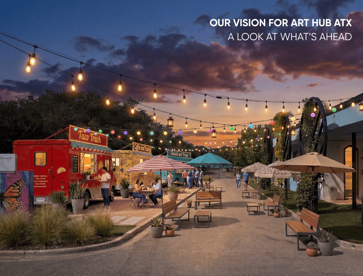 Outdoor art hub with string lights, food trucks, seating, and people during evening, sky with clouds, trees in background.