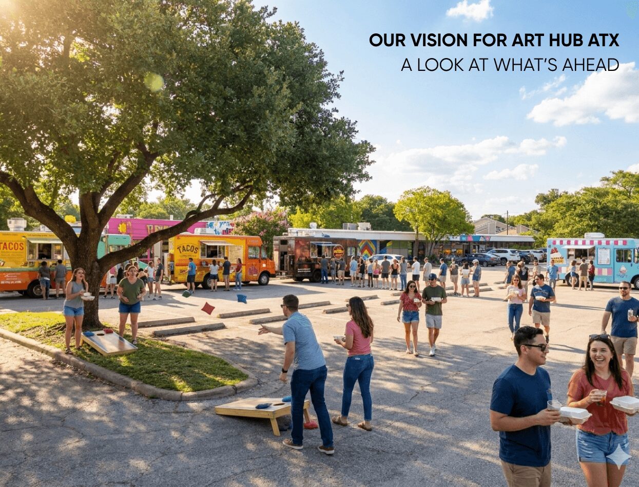 People gather outside colorful food trucks and tents in a park with trees and a clear sky.