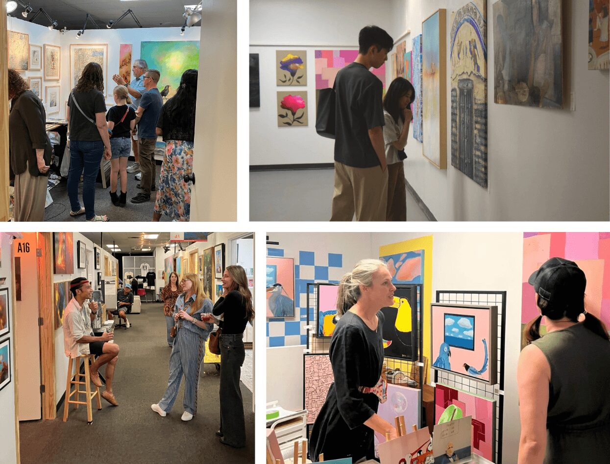 People viewing artwork in an art gallery, some talking, some observing paintings on white walls, with colorful art pieces displayed.