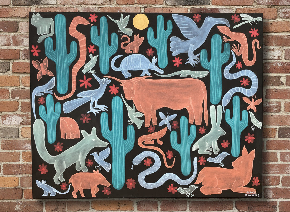 Colorful mural with cacti, lizards, snakes, and animals in a desert scene, painted on a brick wall background.