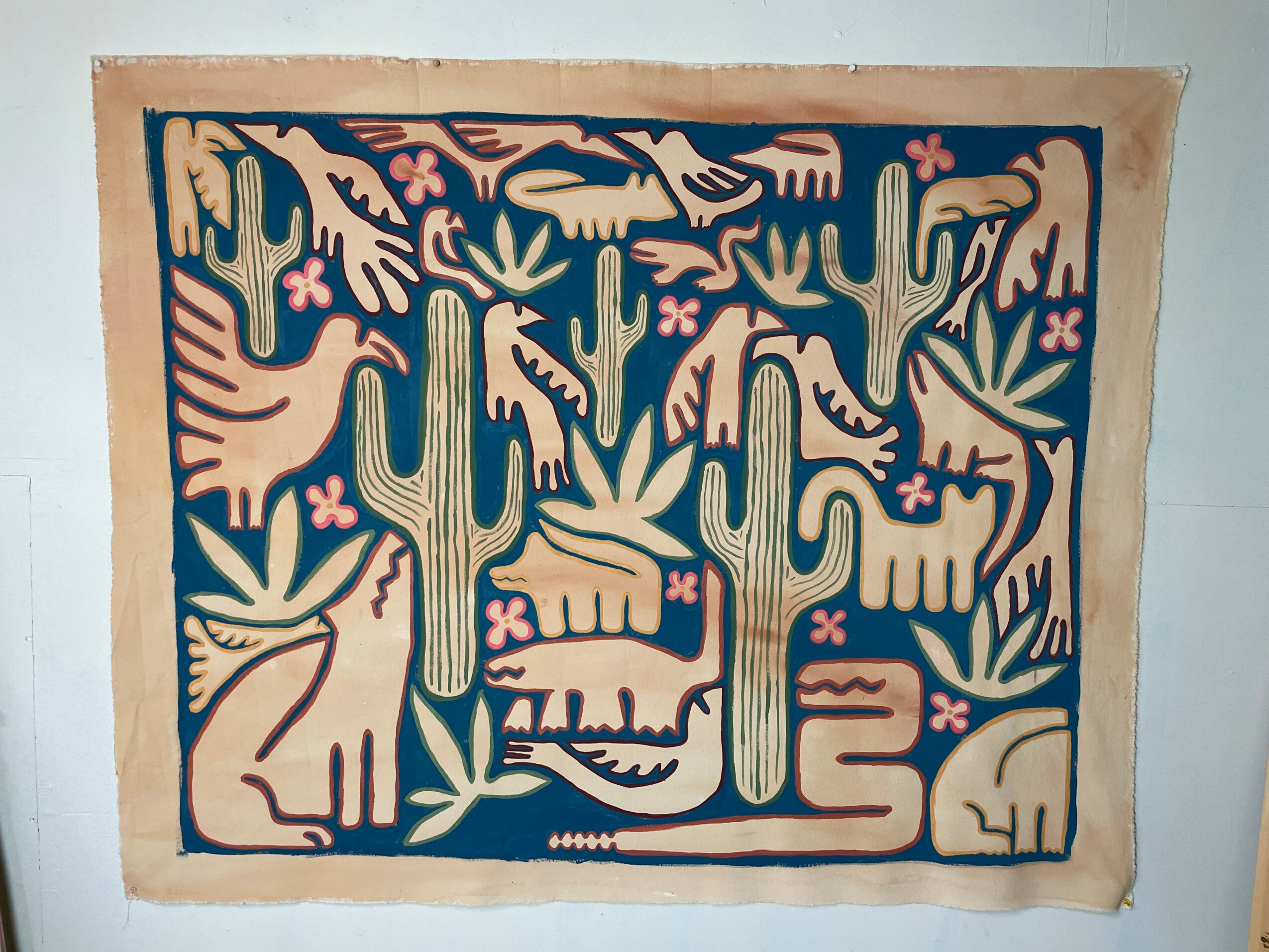 Colorful abstract painting with cacti, animals, and plants, featuring pink, green, and beige elements on a dark background.