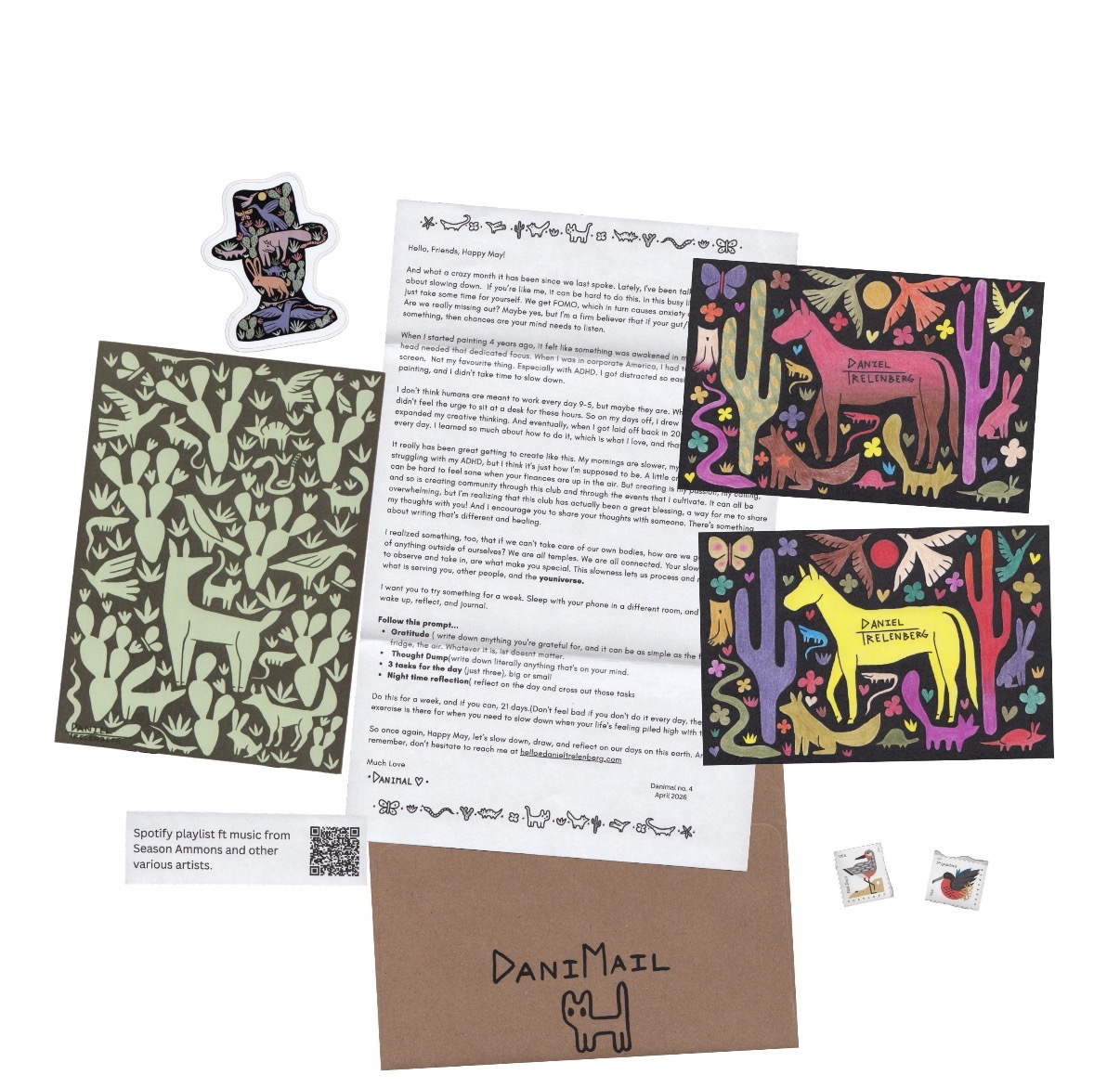 Collection of colorful animal illustrations, a letter, a brown envelope, and small stickers on a white background.