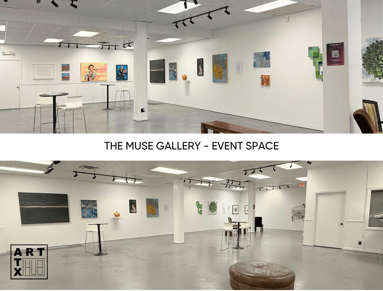 Gallery interior with artwork on white walls, tables, and seating, labeled as The Muse Gallery - Event Space.