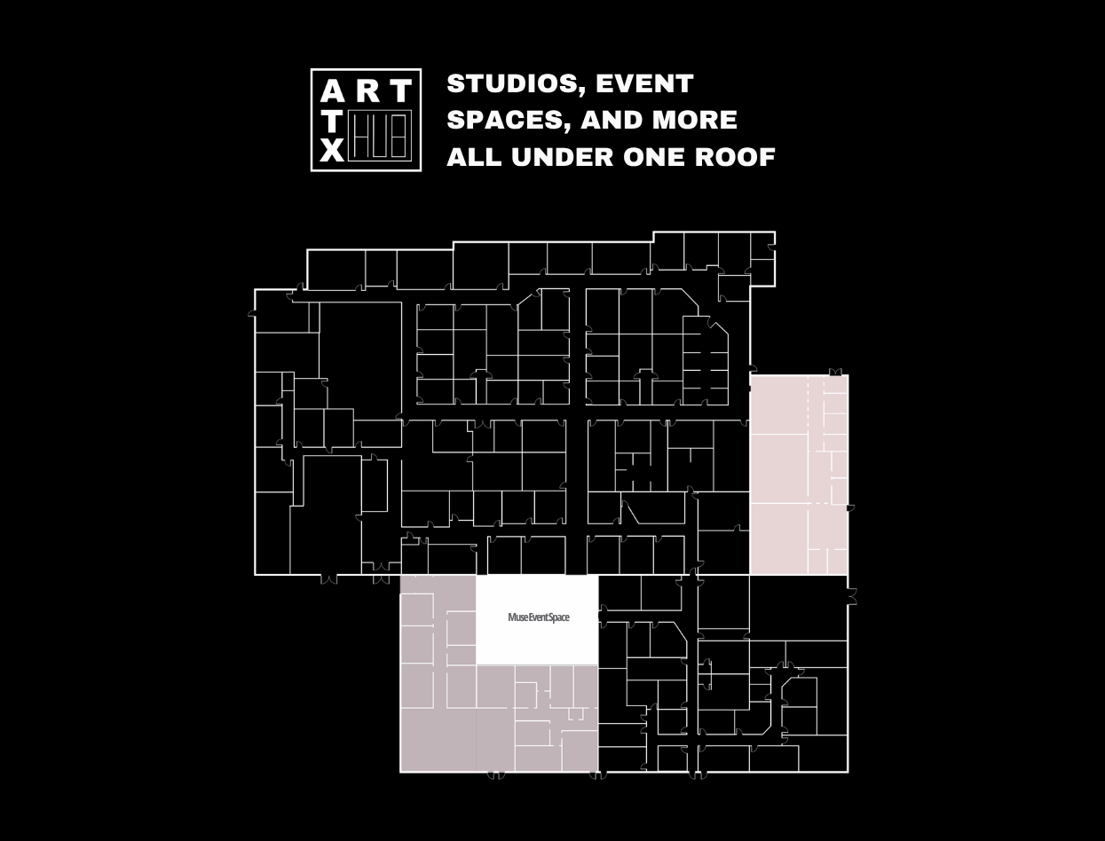 Floor plan of art studio spaces, event spaces, and roof areas with labeled sections, on a black background.