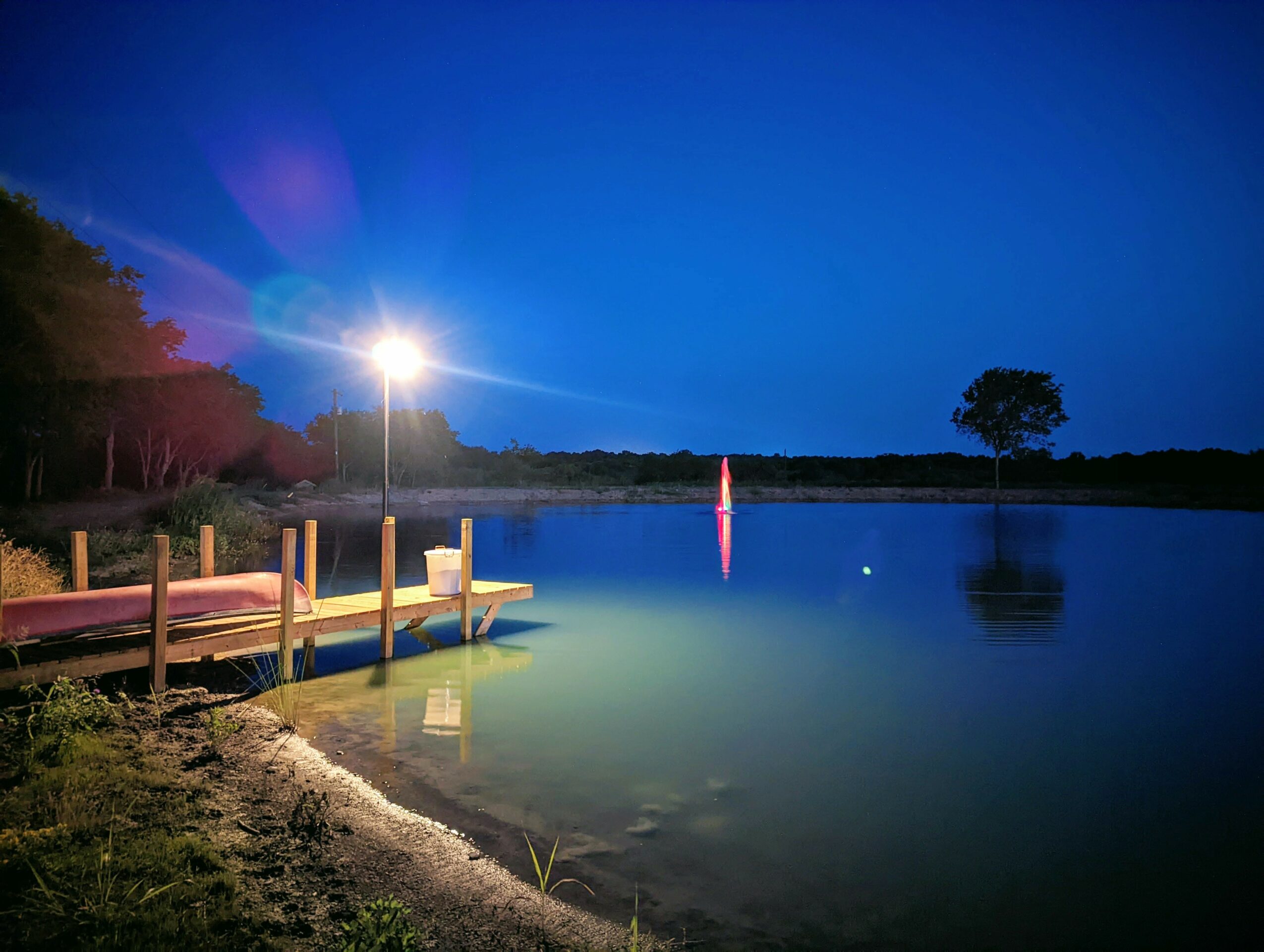 Night scene of a lake with a dock, bright streetlight, and a tree in the distance under a dark blue sky.
