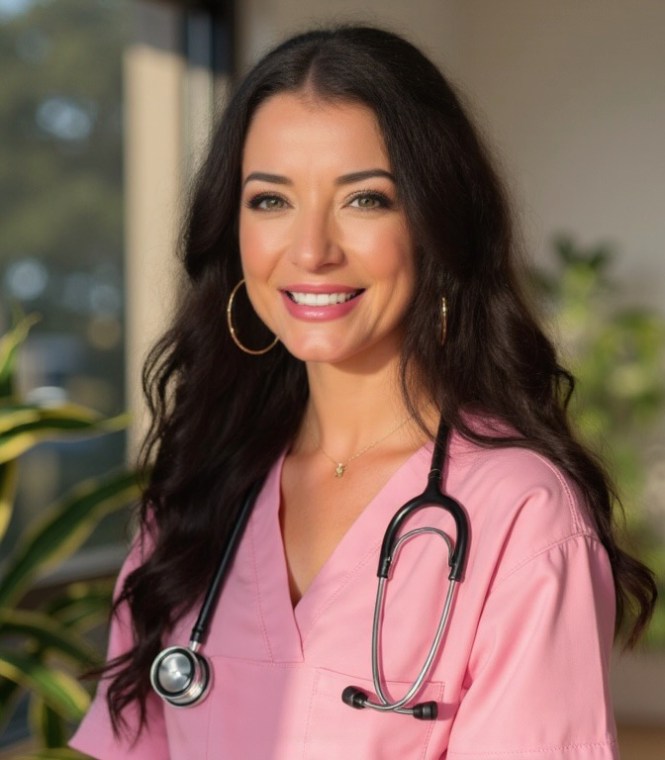 Woman in pink medical scrubs with stethoscope smiling indoors, with plants in background.