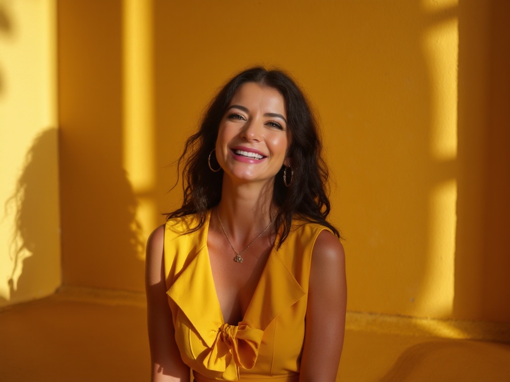 Smiling woman with dark wavy hair in a yellow dress, standing against a yellow background with shadows.