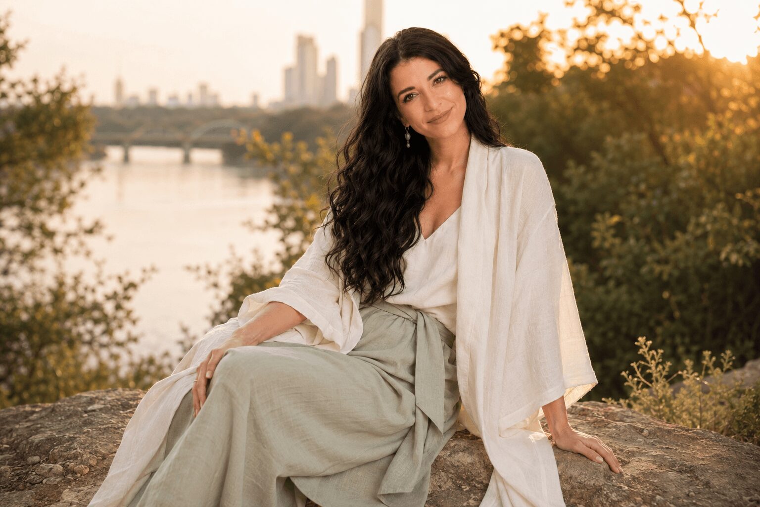 Woman with long dark hair sitting outdoors on a rock, wearing a white top and light-colored skirt, with trees and a river in the background.