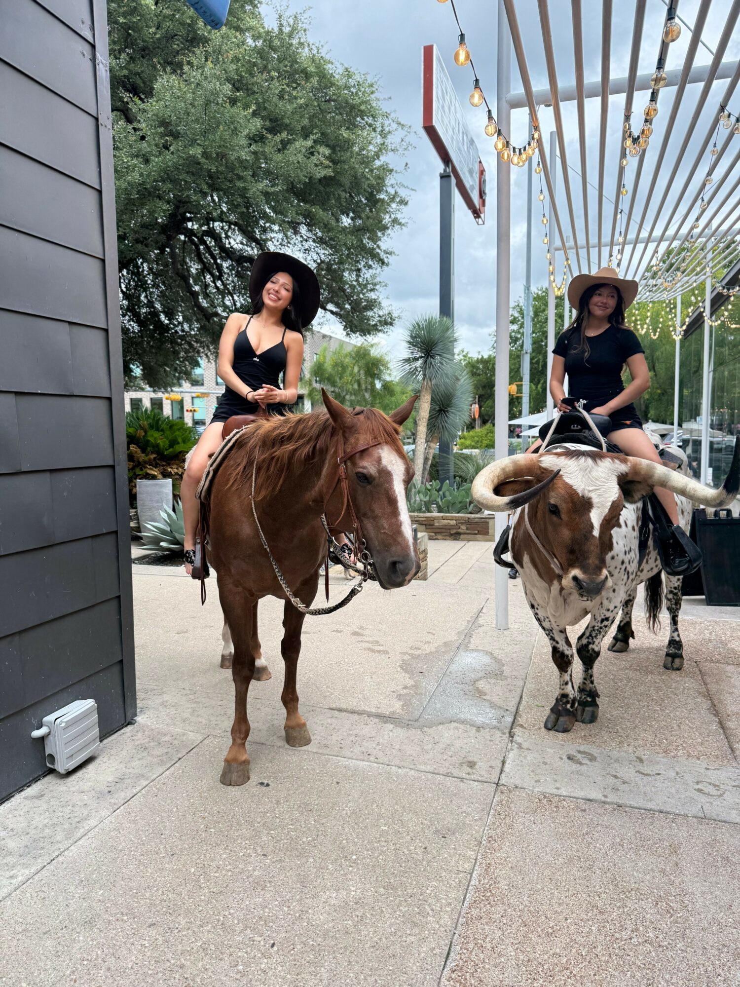 Two women riding small horses outdoors, one with curly hair and a hat, the other with straight hair and a hat, under a decorative pergola.