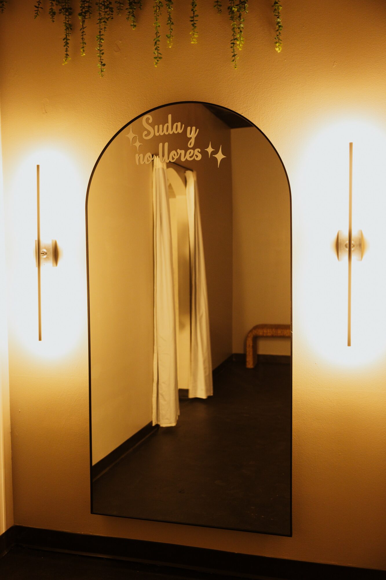 Mirror with an arched top reflecting a doorway and a small bench, illuminated by wall lights, with hanging greenery above.