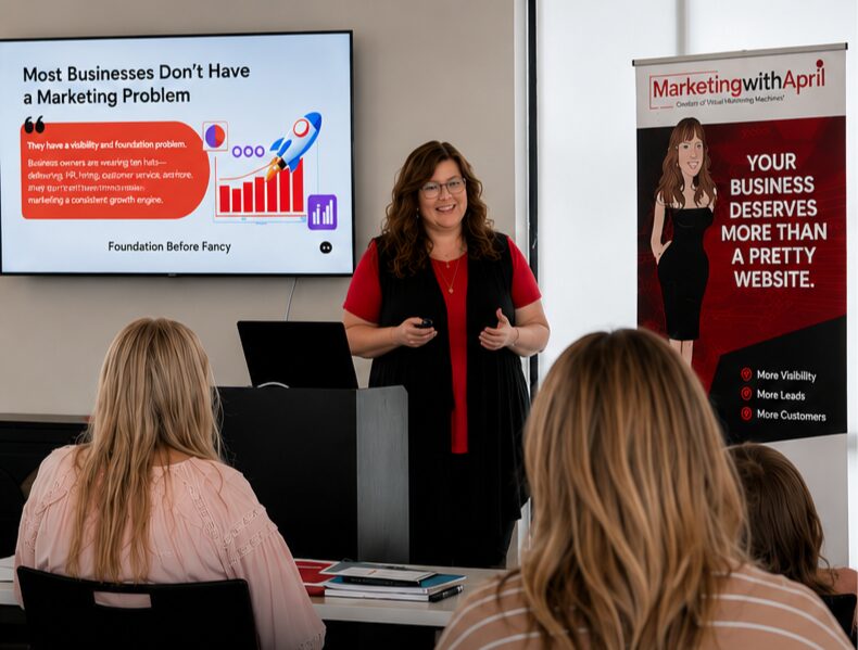 Woman giving a presentation in front of a screen and a banner, with an audience of women listening attentively.