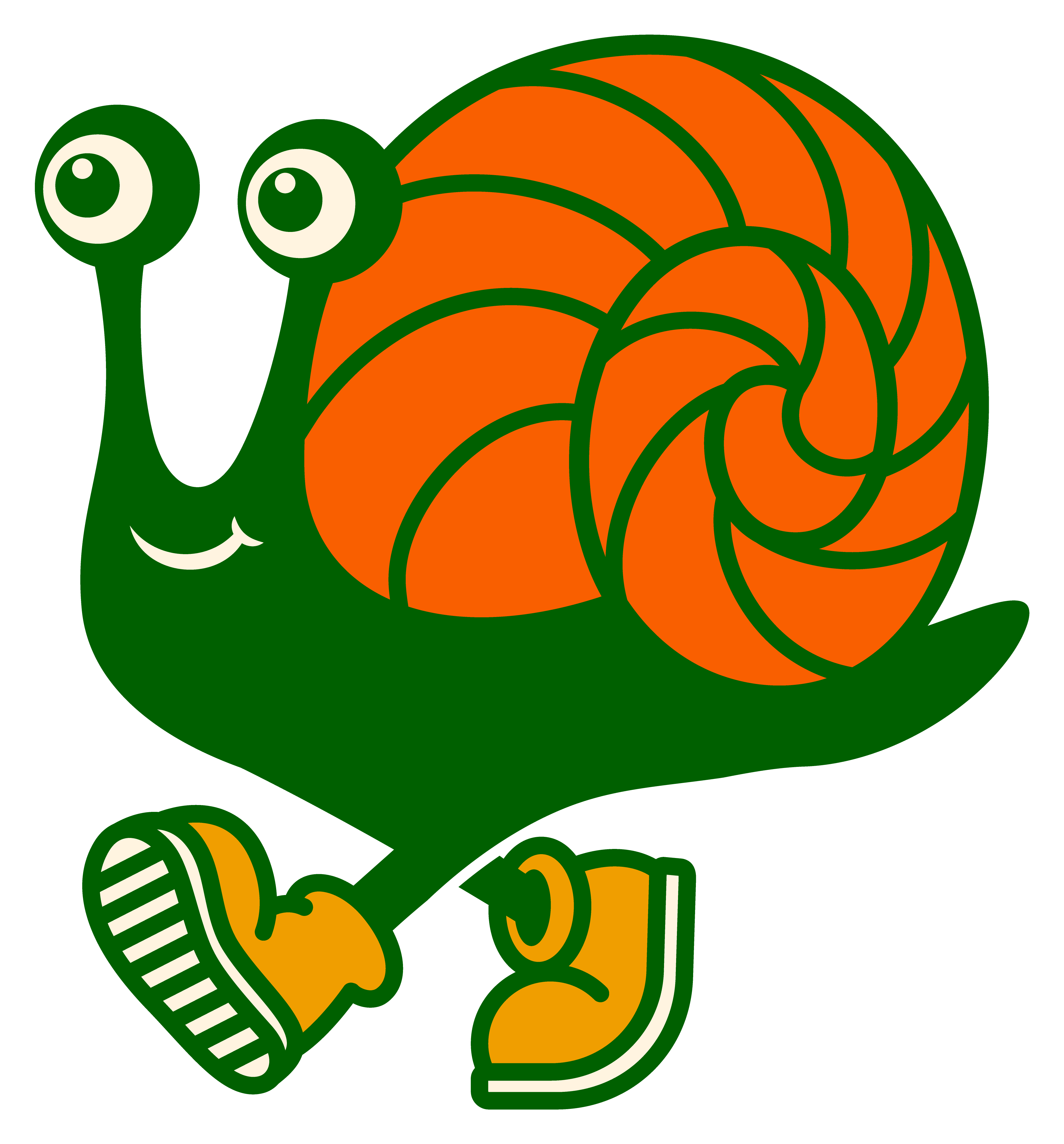 Cartoon snail with green body, orange shell, wearing yellow shoes, smiling, on a black background.