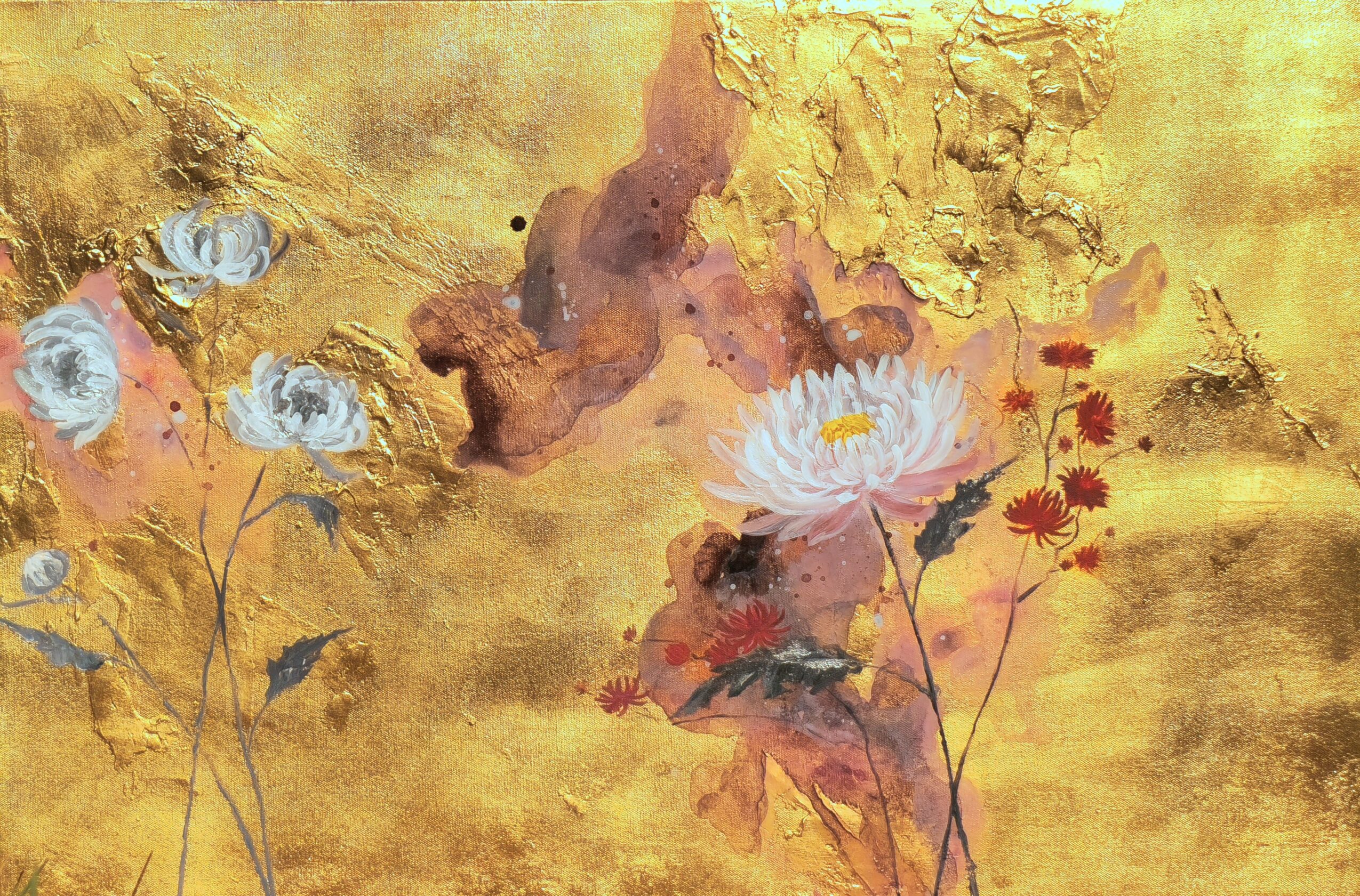 Abstract floral painting with white, blue, and red flowers on a gold background.