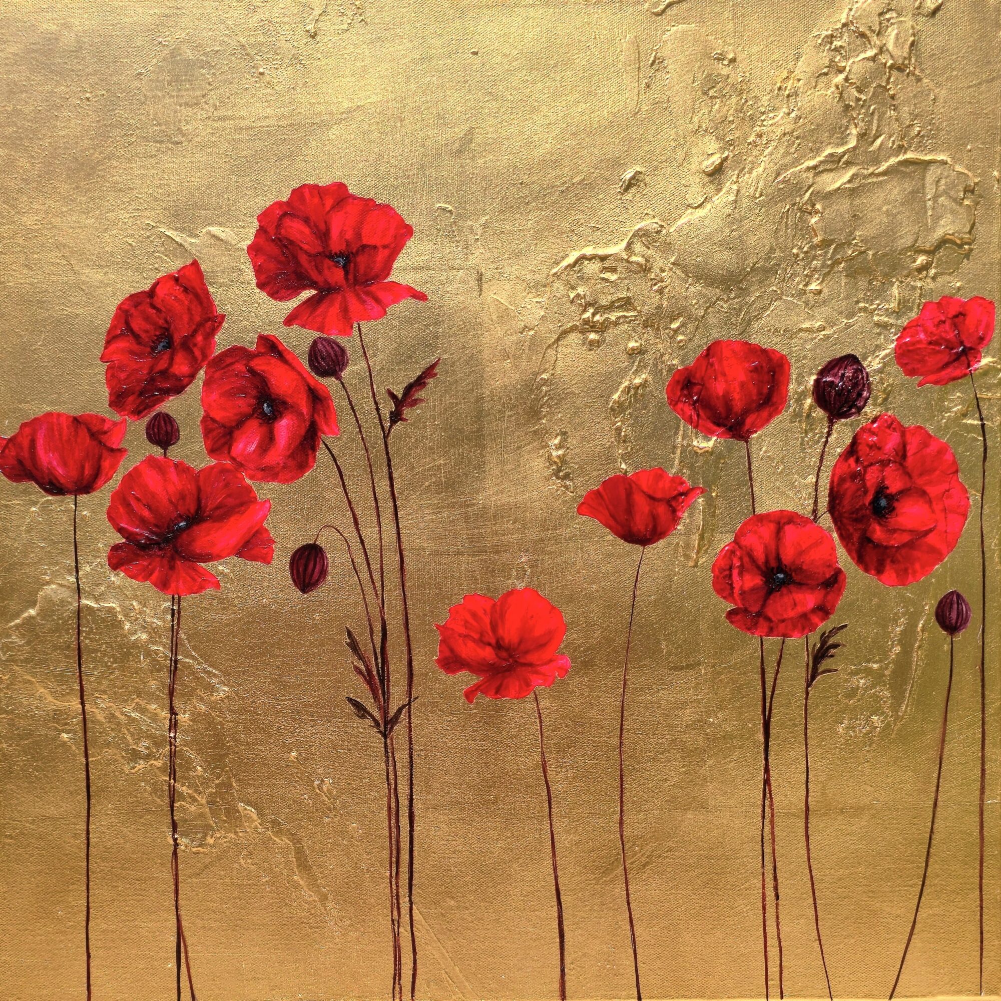 Red poppy flowers with thin stems against a textured beige background.