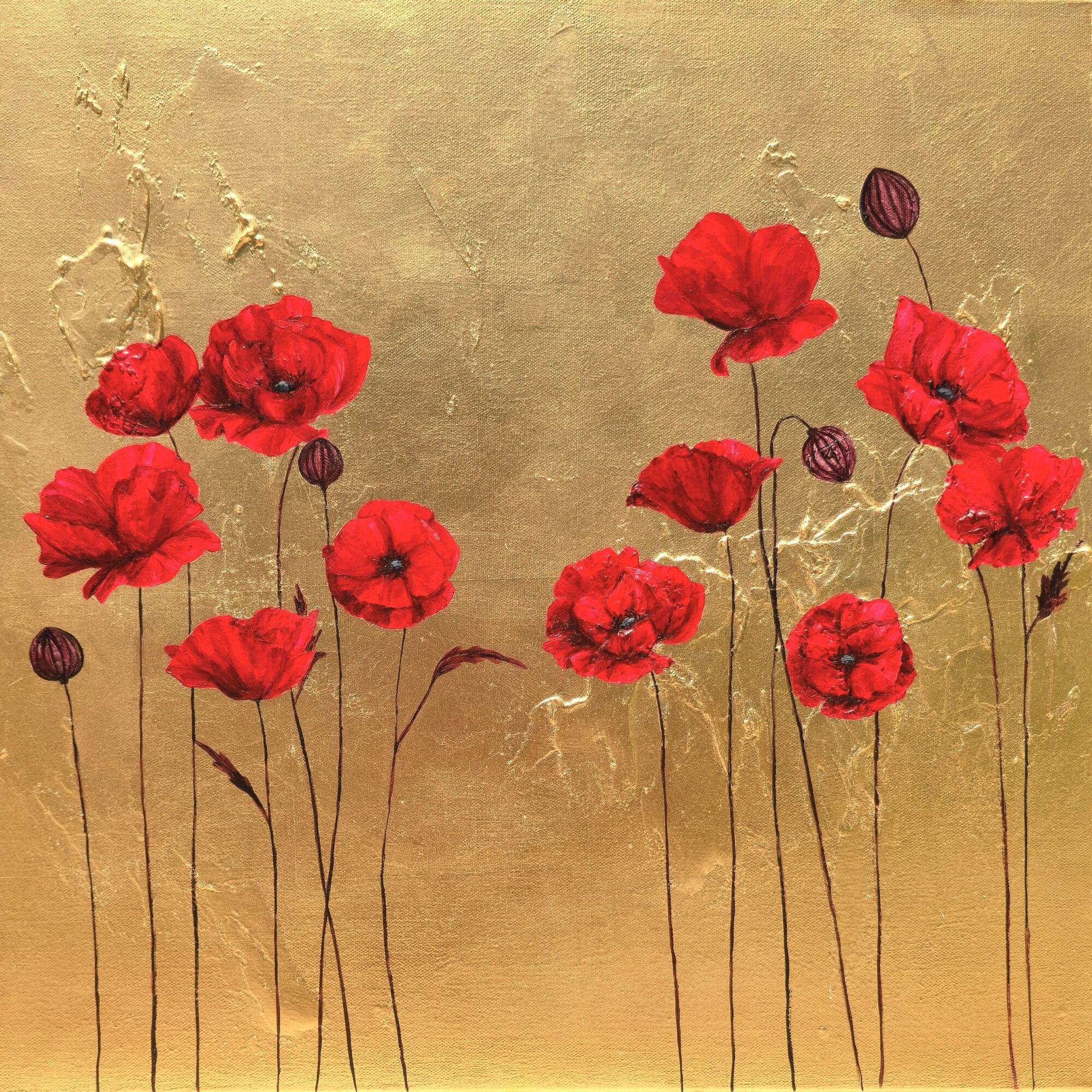 Red poppies with long stems on a gold background, some buds and flowers in bloom.