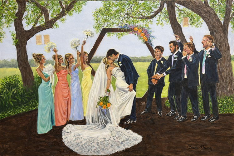 Wedding ceremony outdoors with bride and groom, bridesmaids, and groomsmen under trees, with a grassy background and a white rug.
