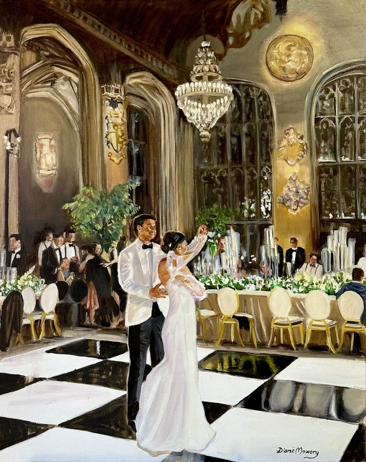 Couple dancing in an elegant ballroom with chandeliers, large windows, and ornate decorations, surrounded by seated guests and lush greenery.