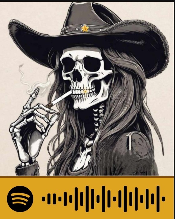 Skeleton with long hair wearing a cowboy hat, smoking a cigarette, detailed black and white illustration.