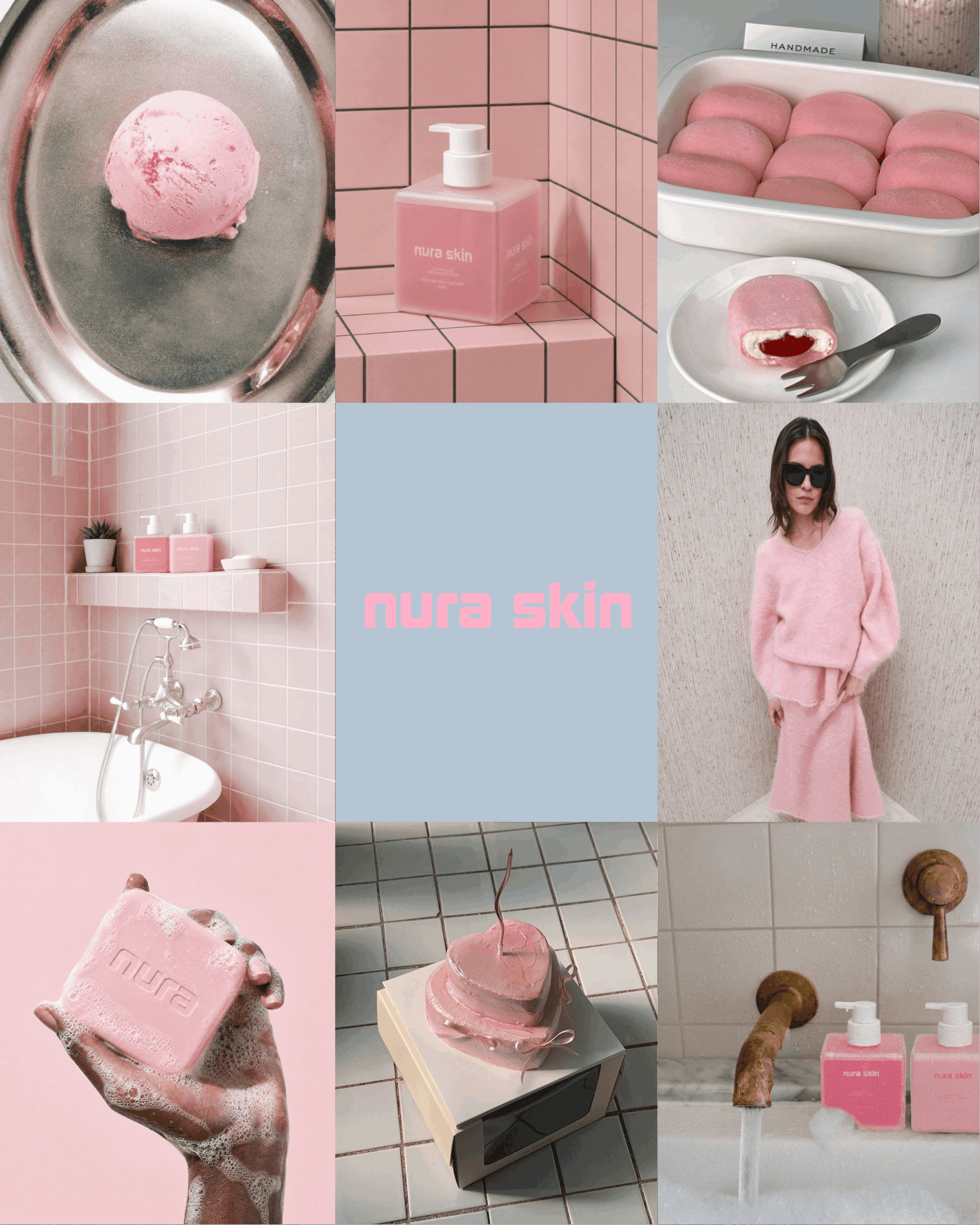 Collage of pink skincare and beauty products, a woman in pink, and related items, with a central pink text reading 'nura skin'.