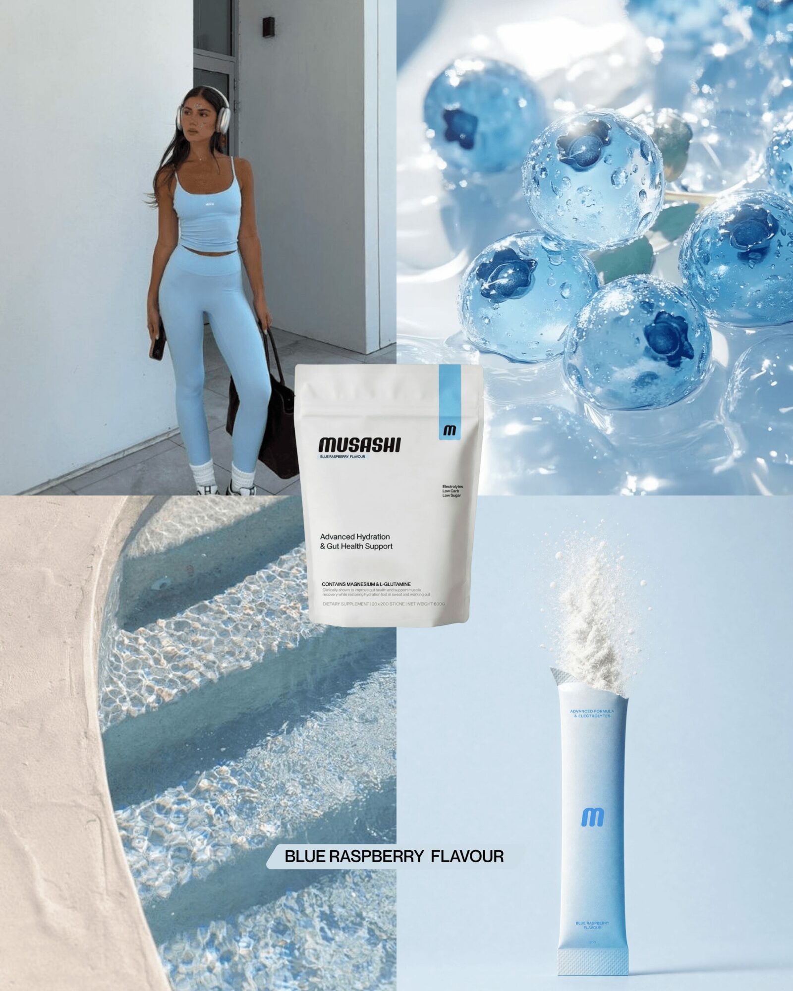 Young woman in athletic wear standing by a pool with a bag, next to a water flosser and blueberries, with text about blueberry flavor.