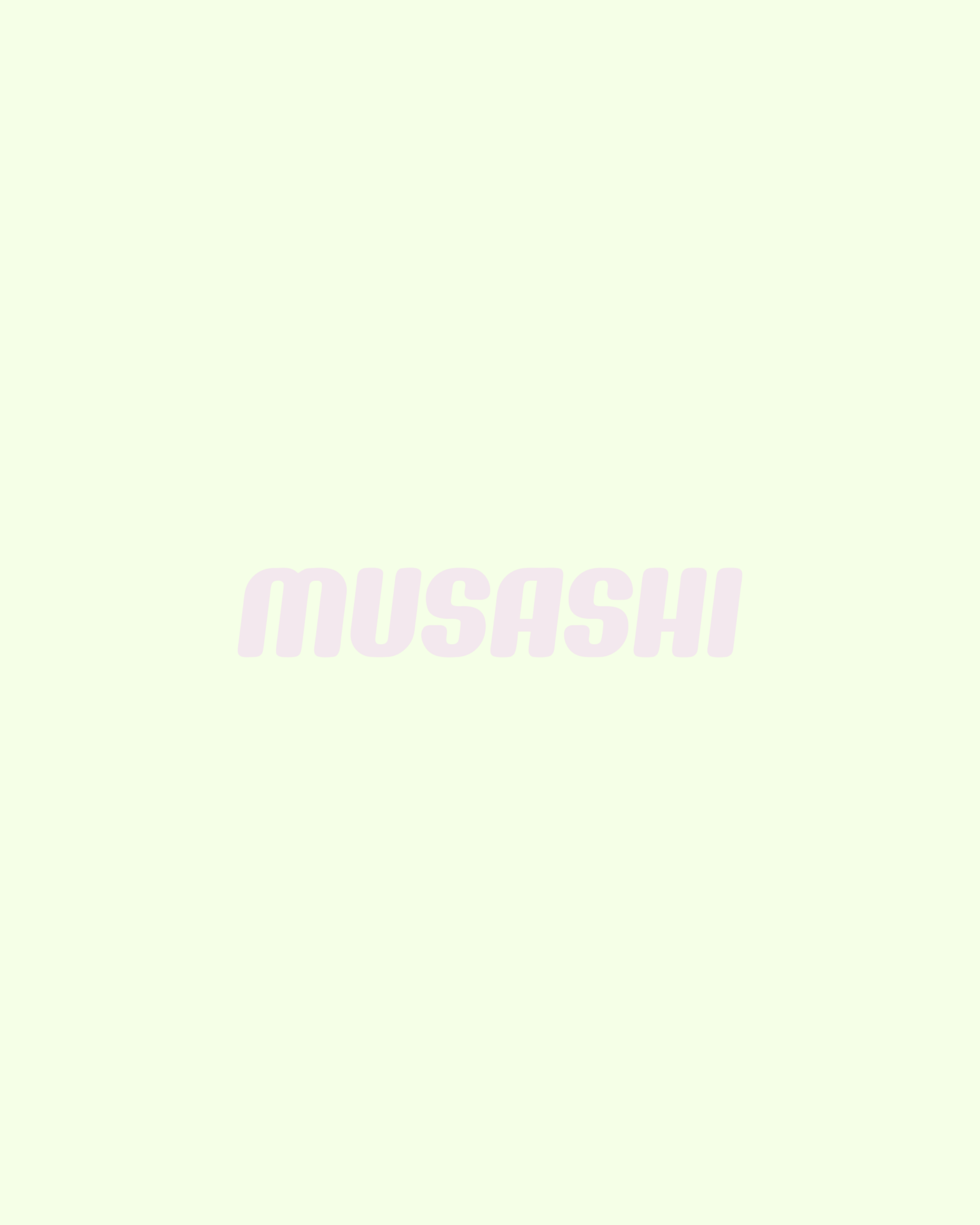 Light green background with the word 'MUSASHI' in faint pink text in the center.