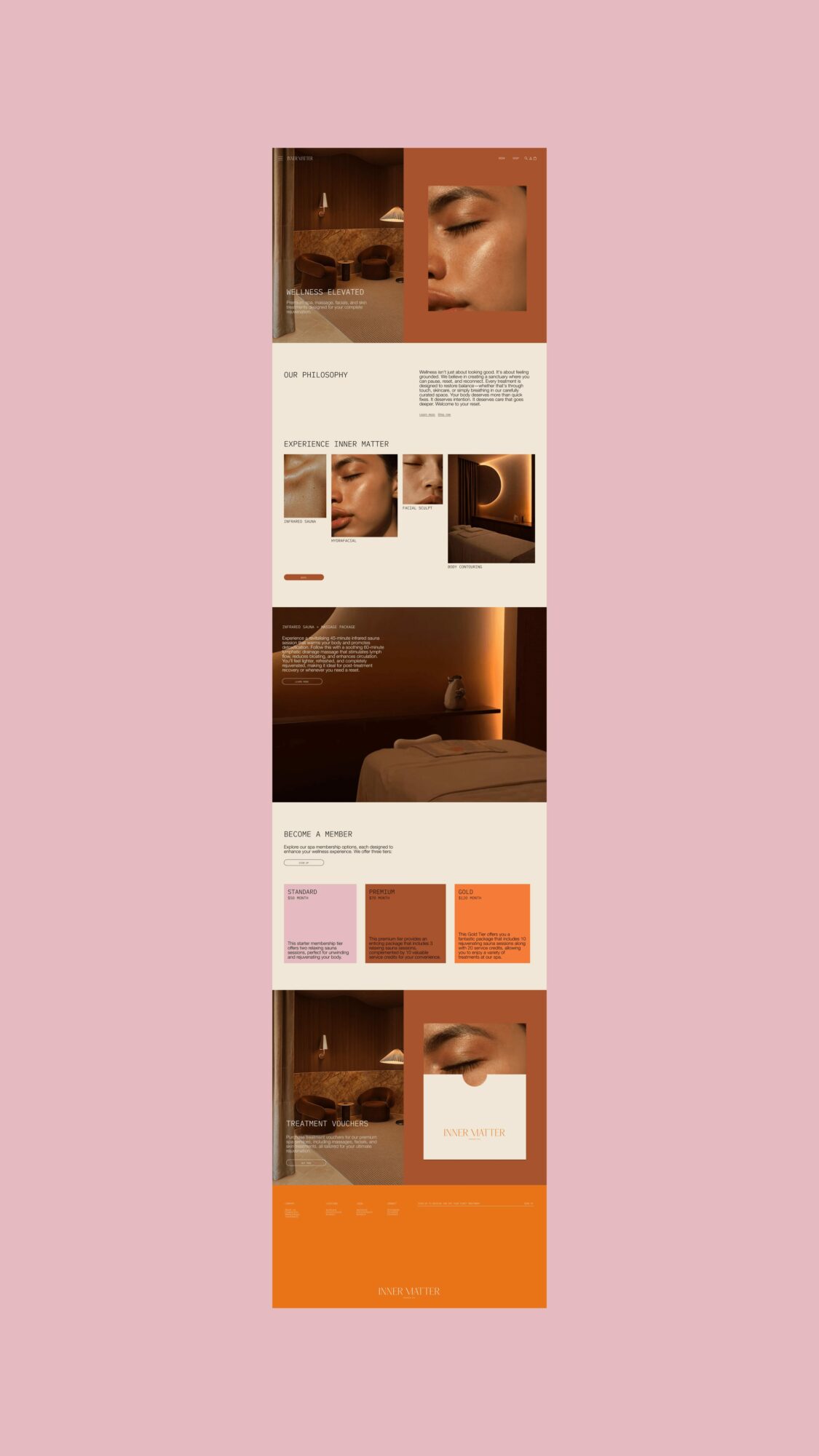 Beauty product advertisement featuring a woman's face, warm lighting, and color swatches, with text and layout sections.