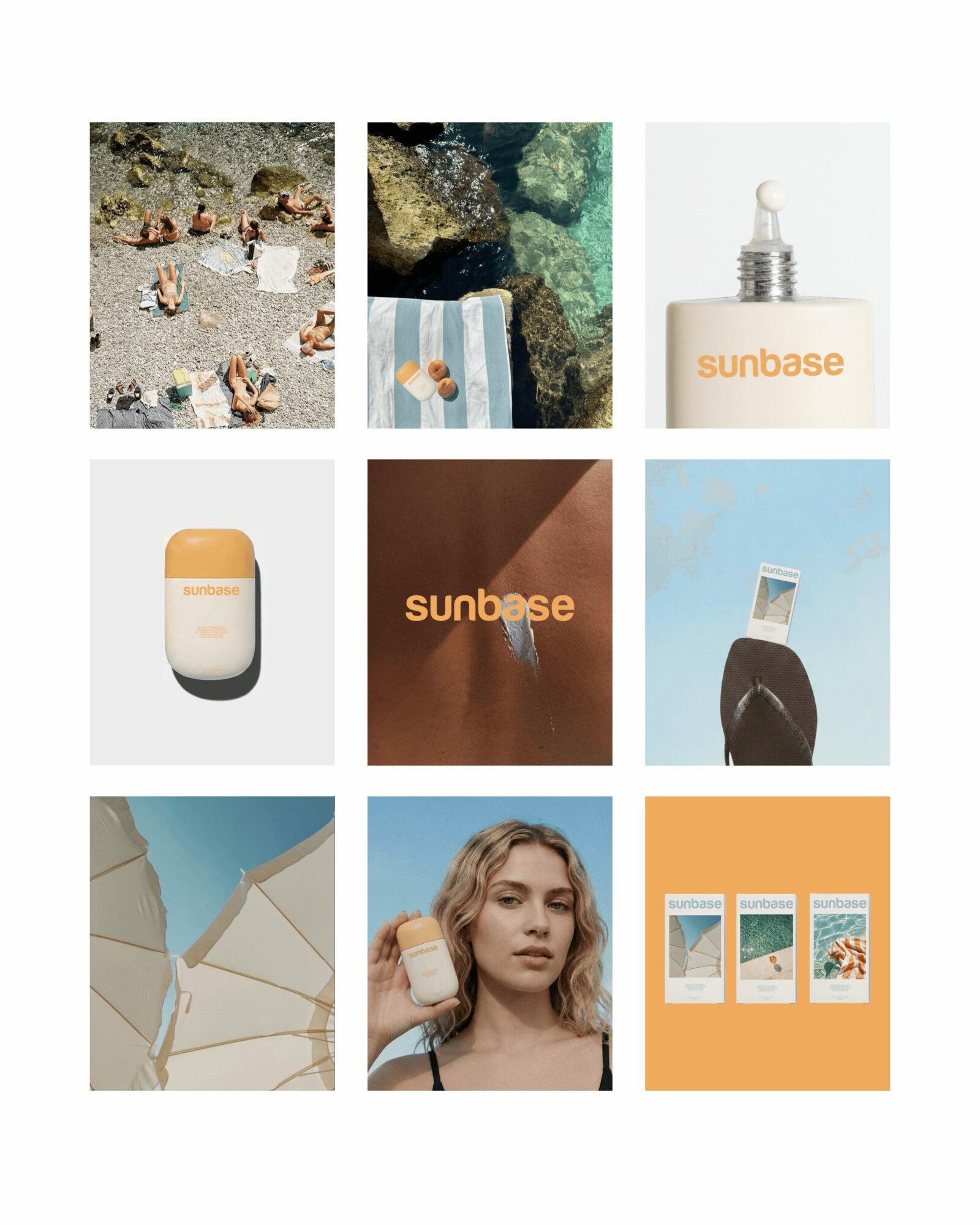 Nine images of beach scenes, water, sunscreen, a woman with a phone, and beach accessories.