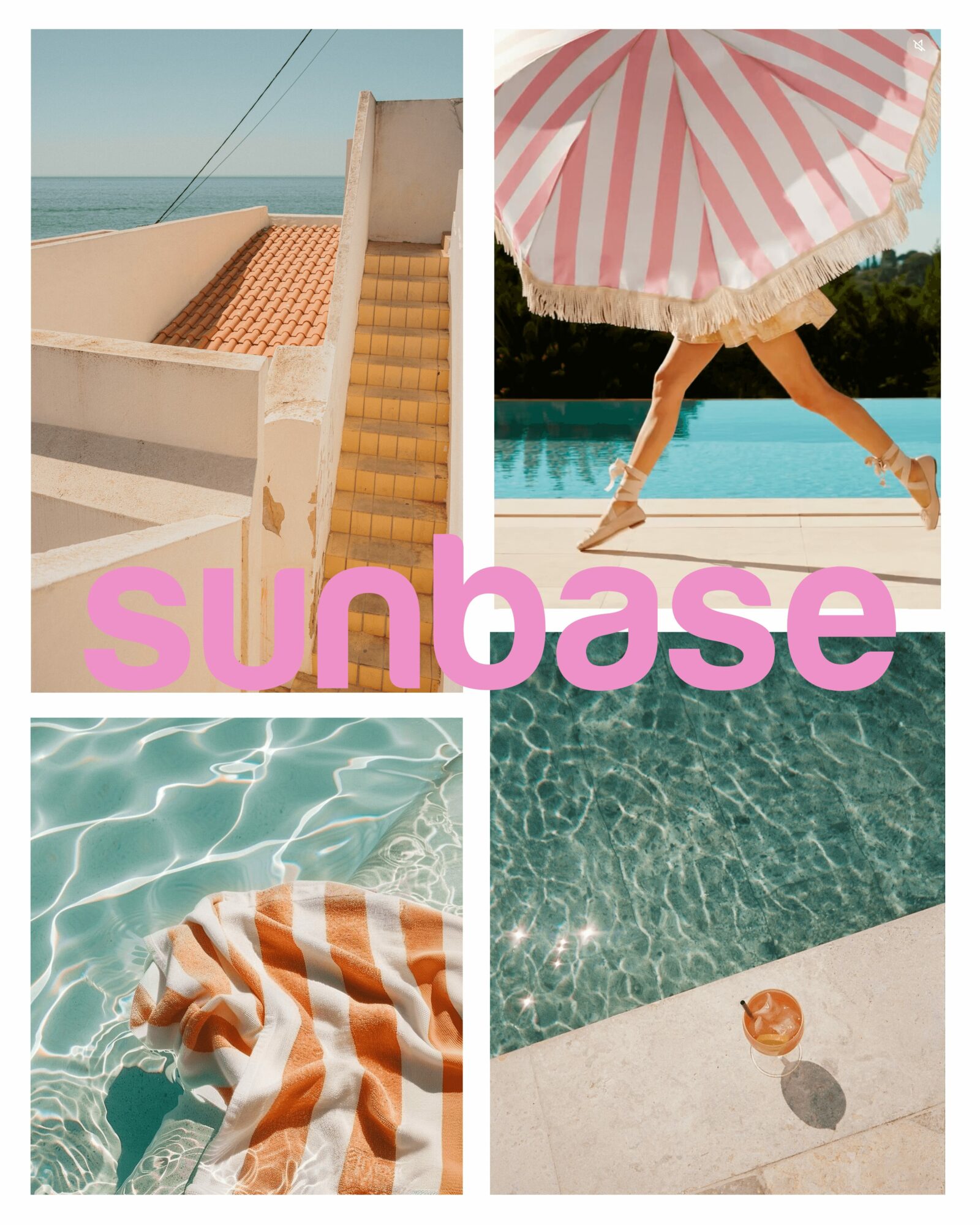 Four images: stairs by the sea, person with pink and white umbrella, striped towel in pool, poolside with orange ball.