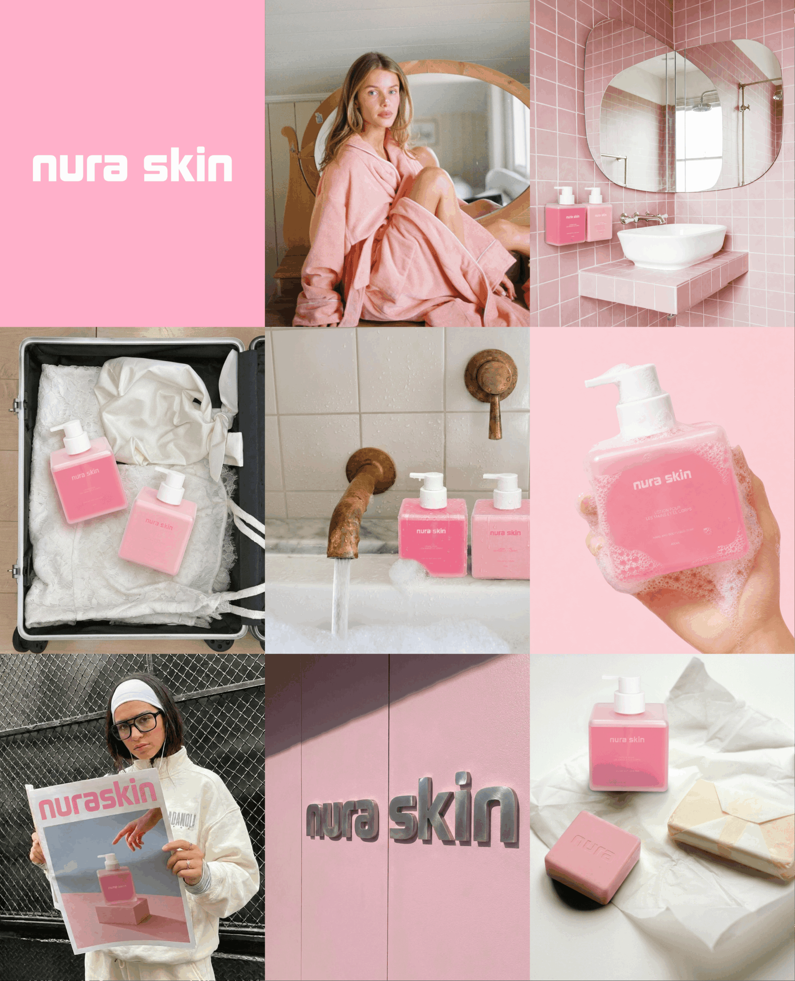 Collage of Nura Skin products, a woman in pink pajamas, bathroom, and person holding product, with pink and white themes.