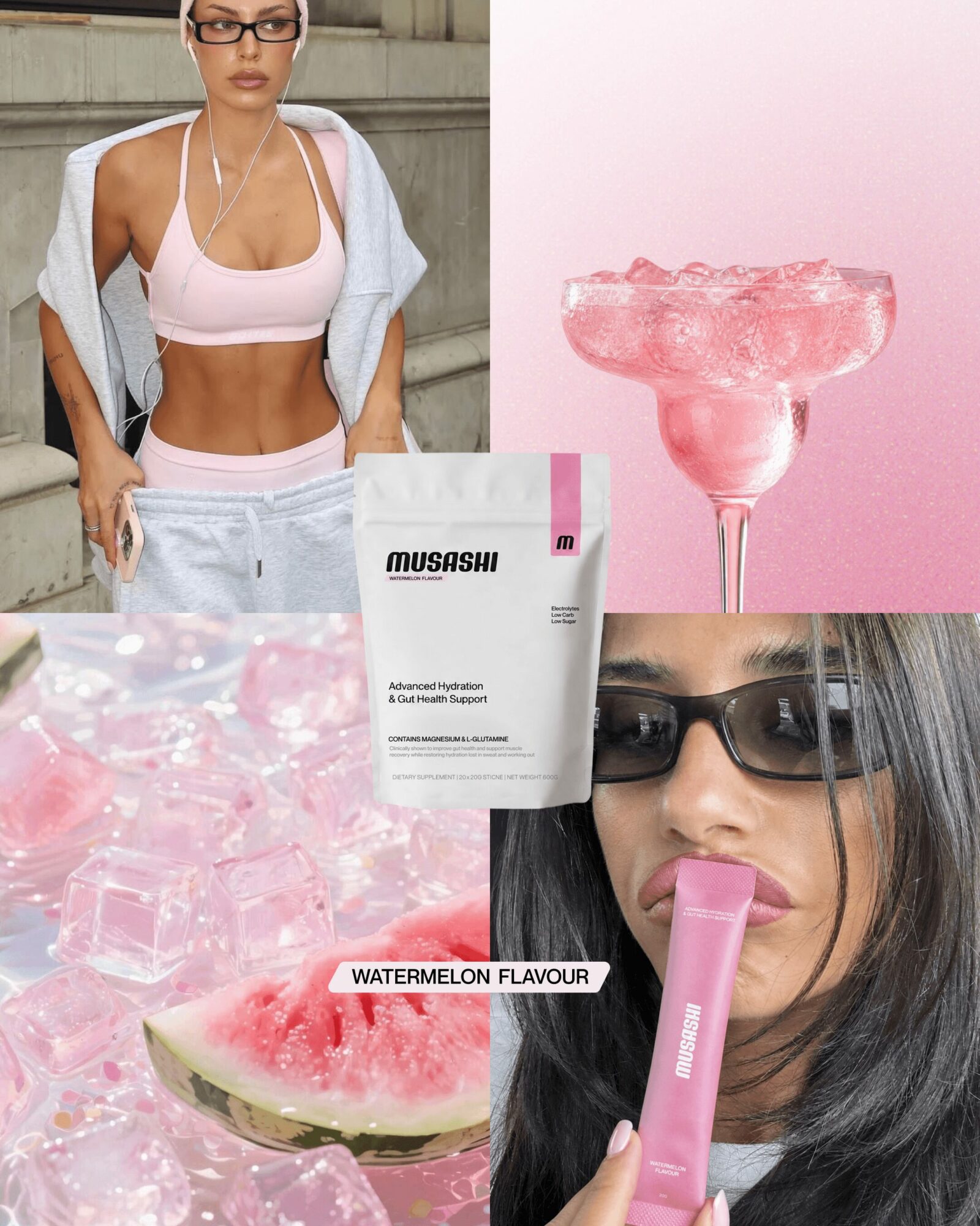 Woman with sunglasses holding pink ice cream bar, watermelon slice, and a woman in sportswear, pink cocktail, and watermelon on pink background.