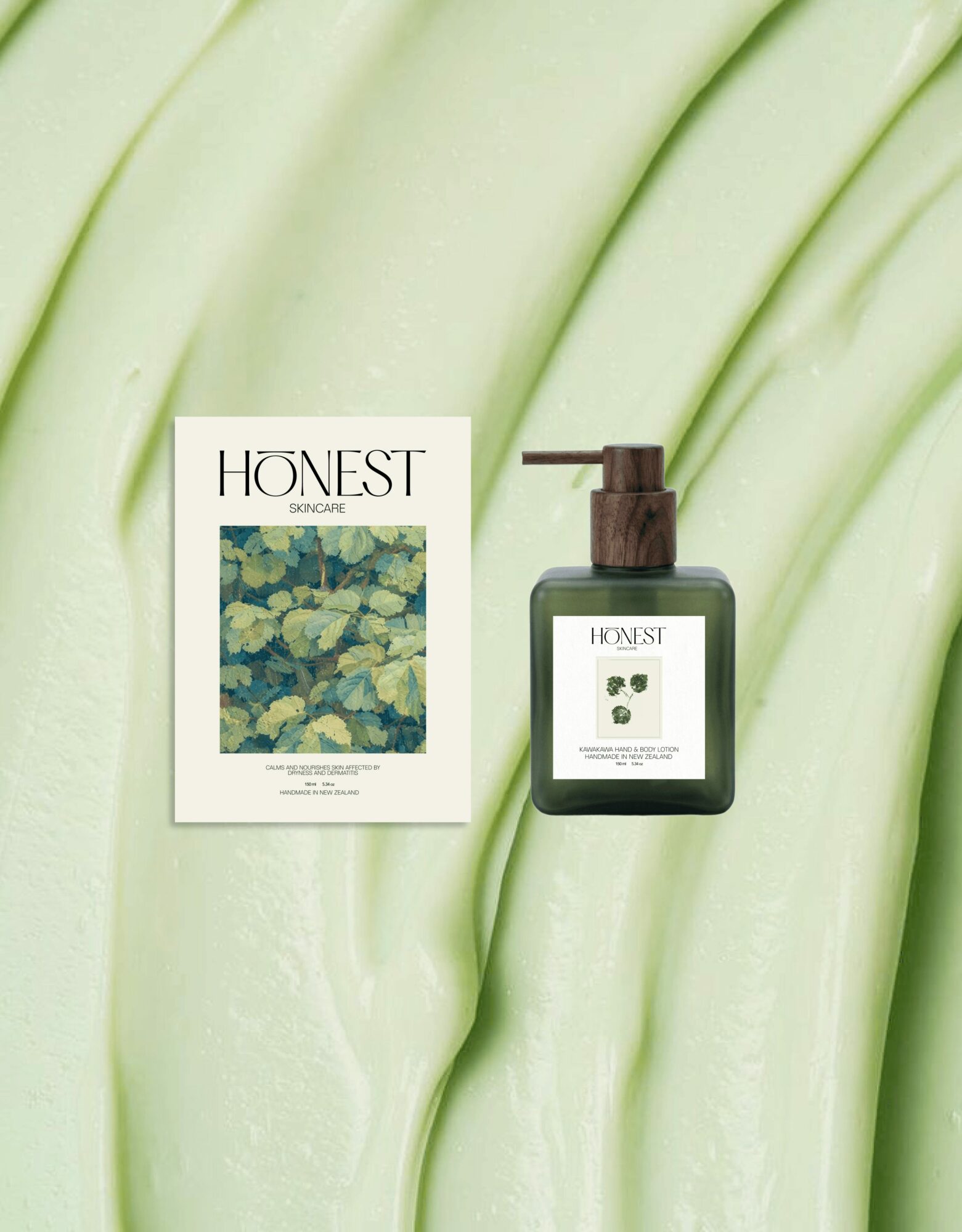 Bottle of Honest hand soap and a box with a leafy plant illustration on a light green, textured background.