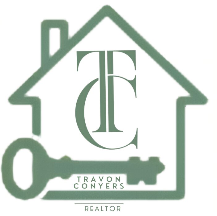 Logo with a house outline, a key, and text for a realtor named Travon Conyers, featuring initials and contact info.