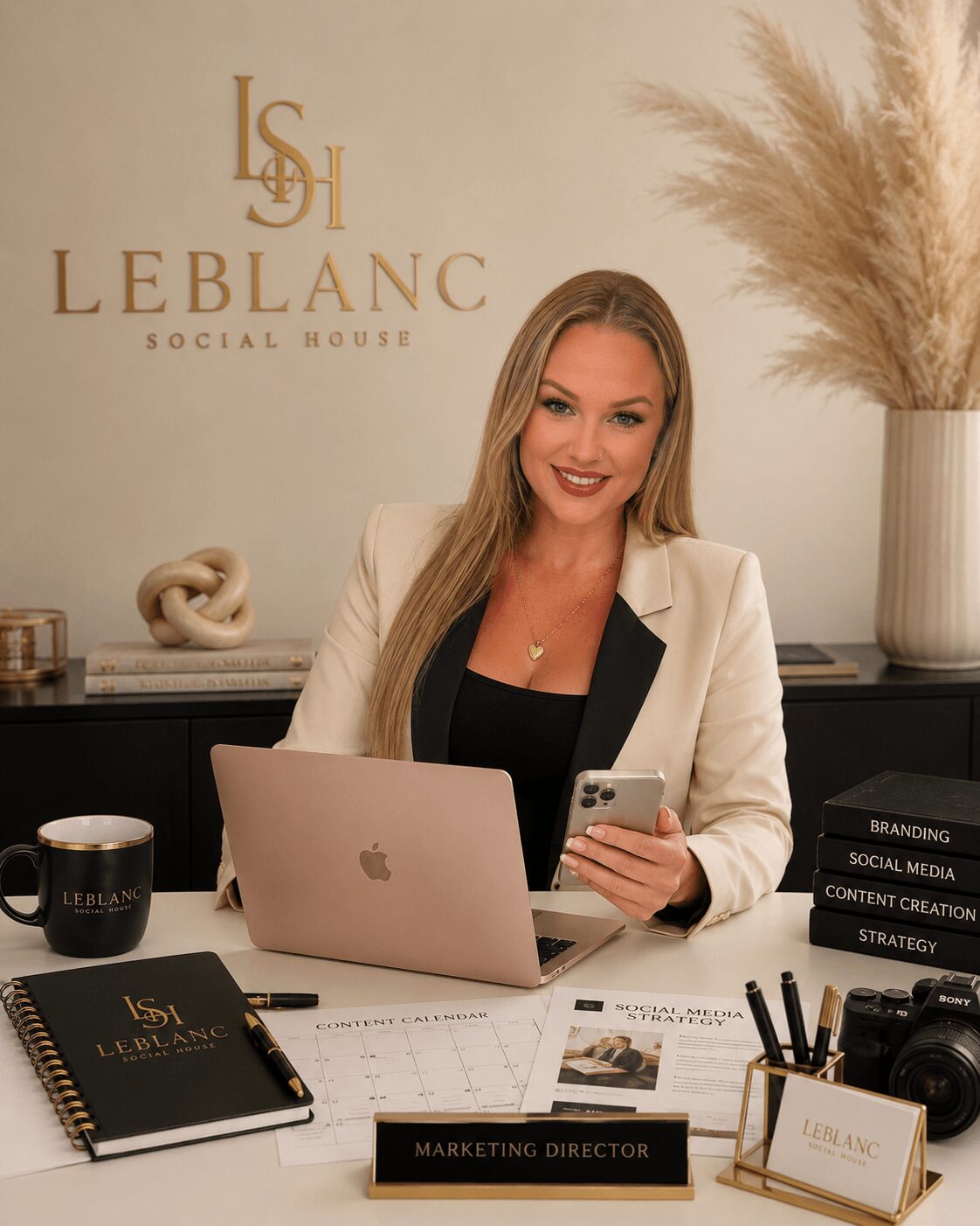 Woman sitting at desk with laptop, phone, and office supplies, smiling in office with logo and decor in background.