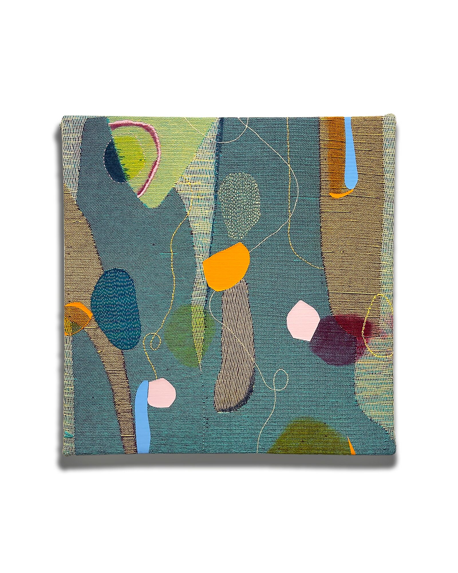Square textile with abstract colorful shapes and lines on a beige, blue, and green background.