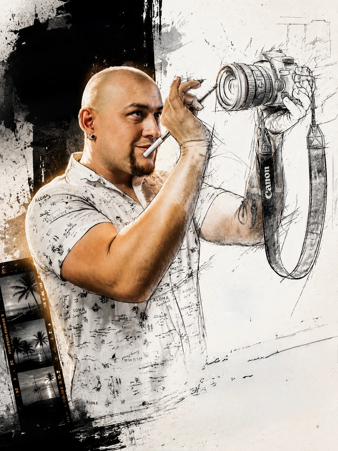 Person with a shaved head holding a camera, drawing on a wall, with a cigarette in mouth, in a creative space.