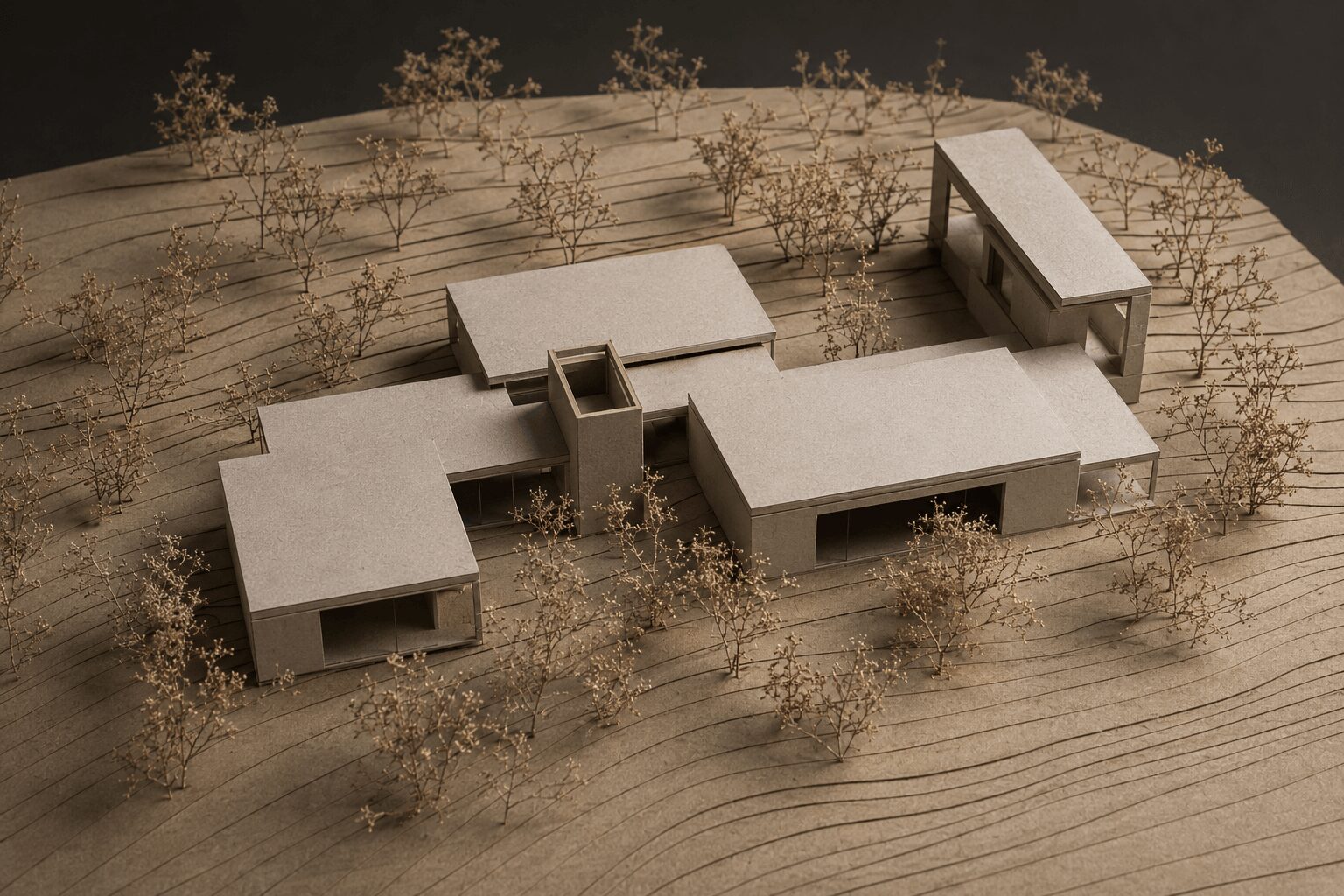 Architectural model of a modern building with multiple sections, surrounded by small trees on a textured surface.