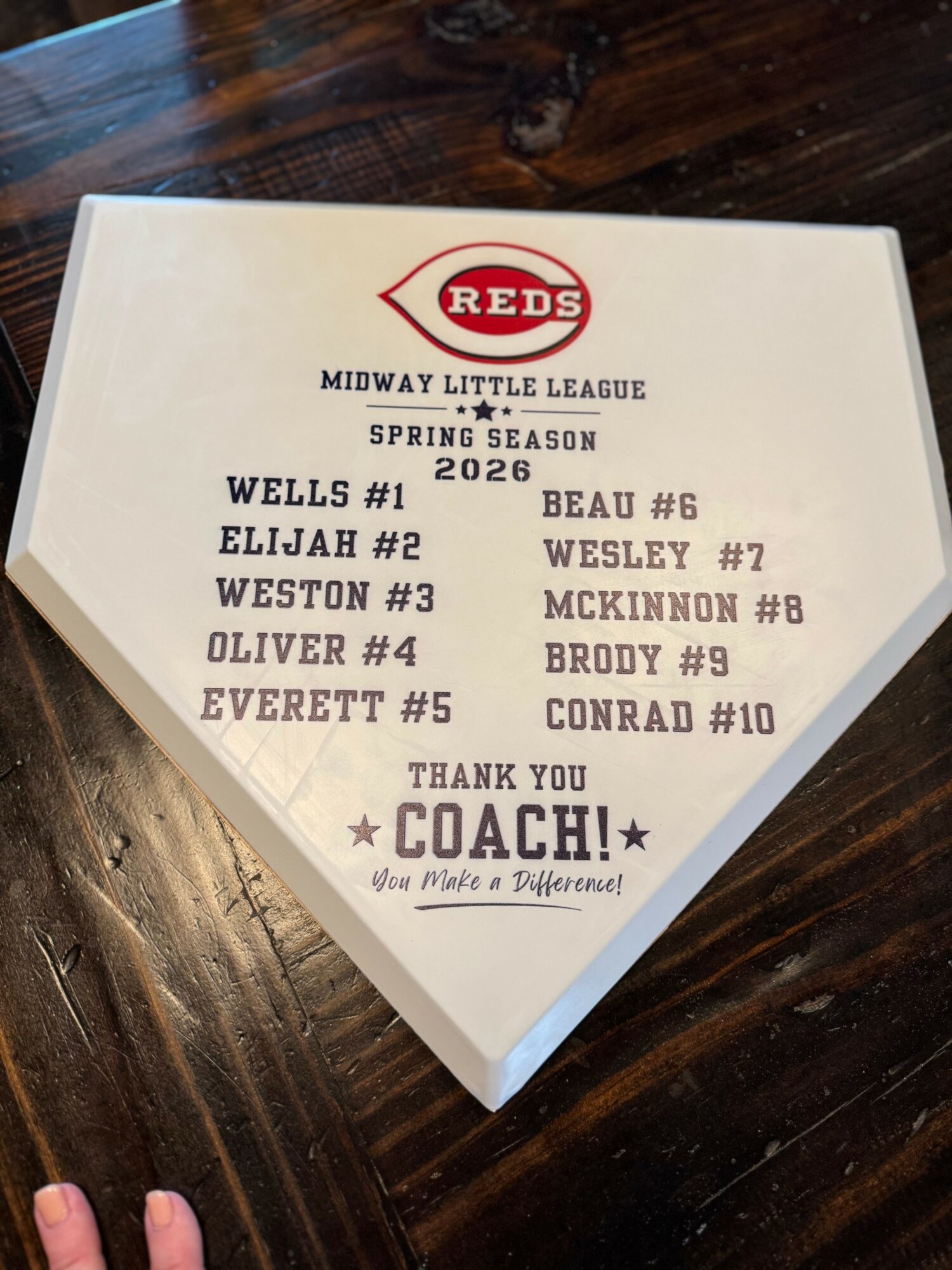 A baseball team roster for Reds Midway Little League spring season, listing player names and numbers, with a thank you message to the coach.