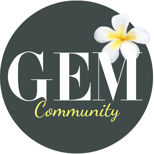 GEM Community logo with white text, yellow script, and a white flower on a dark circular background.