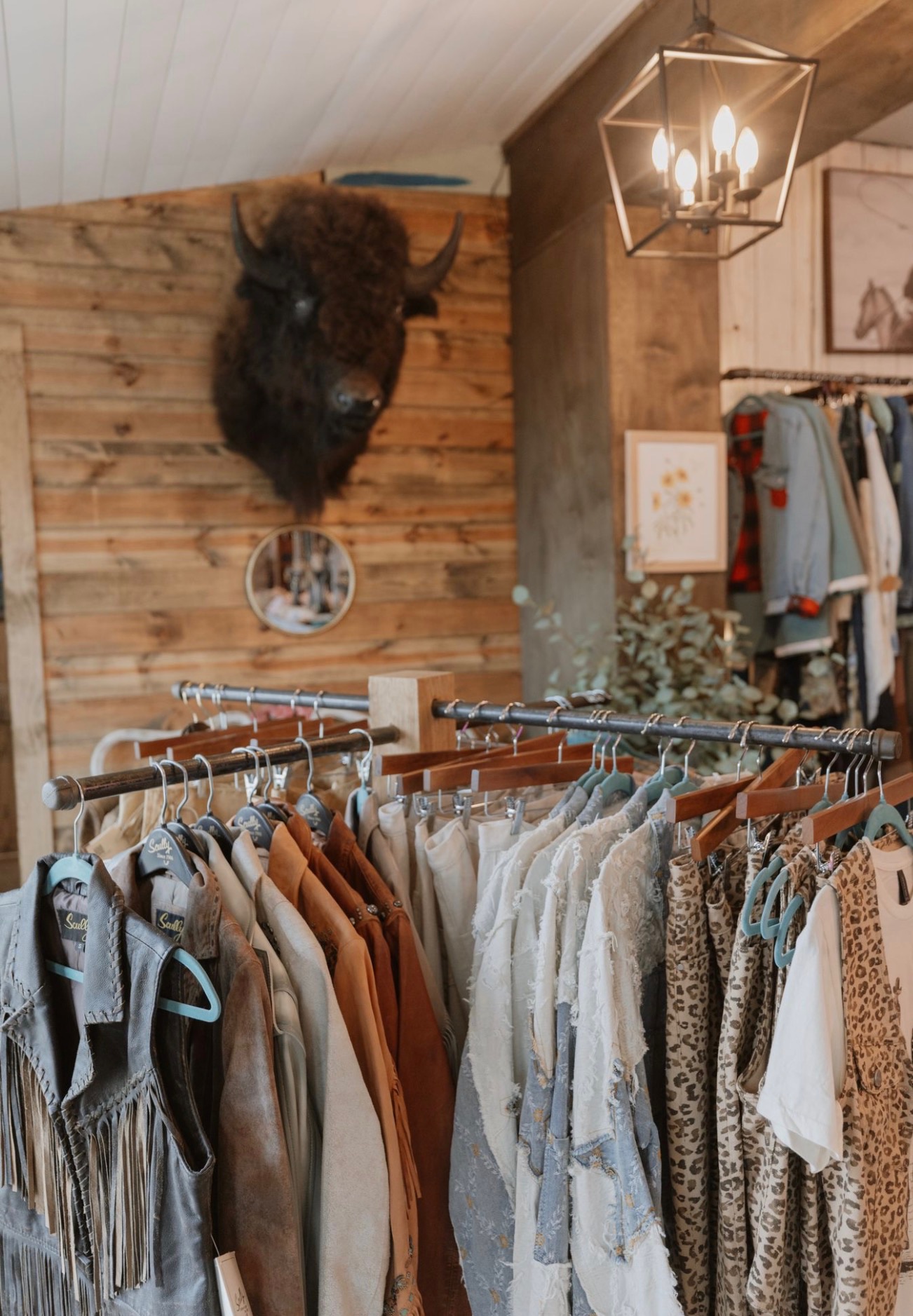 Clothing rack with various garments in a boutique, wooden wall with a buffalo head, and a hanging light fixture.