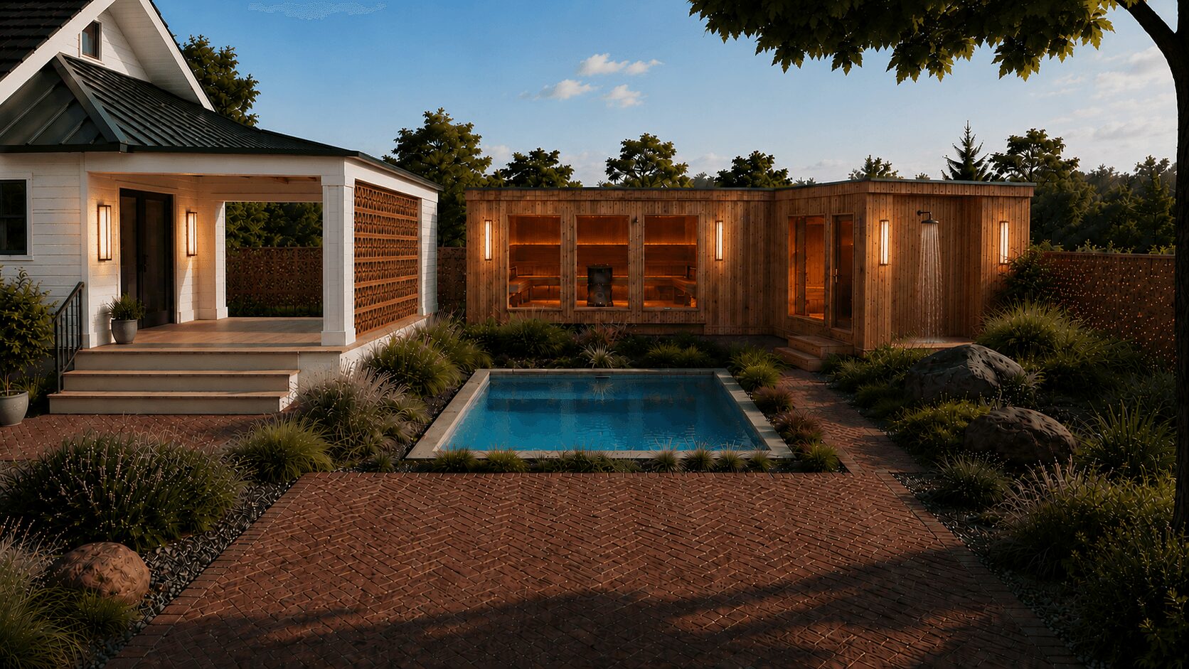 Backyard with a small pool, wooden structures, and landscaped plants under a clear sky.