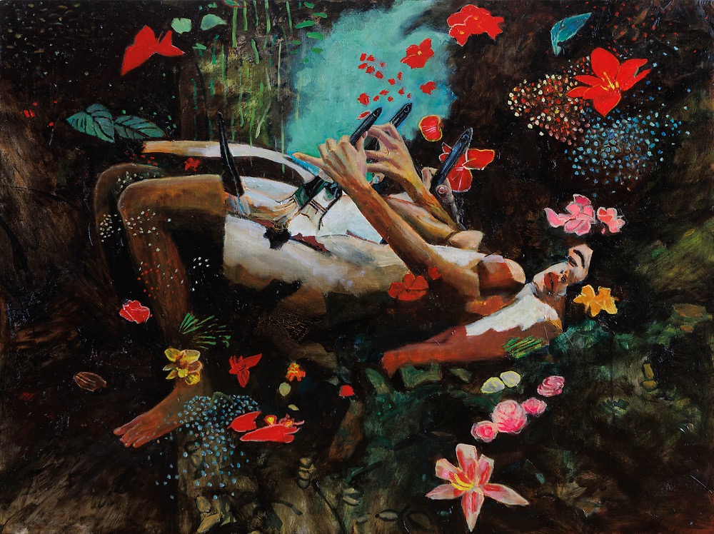 Person lying on a hammock surrounded by colorful butterflies and flowers in a lush forest setting.