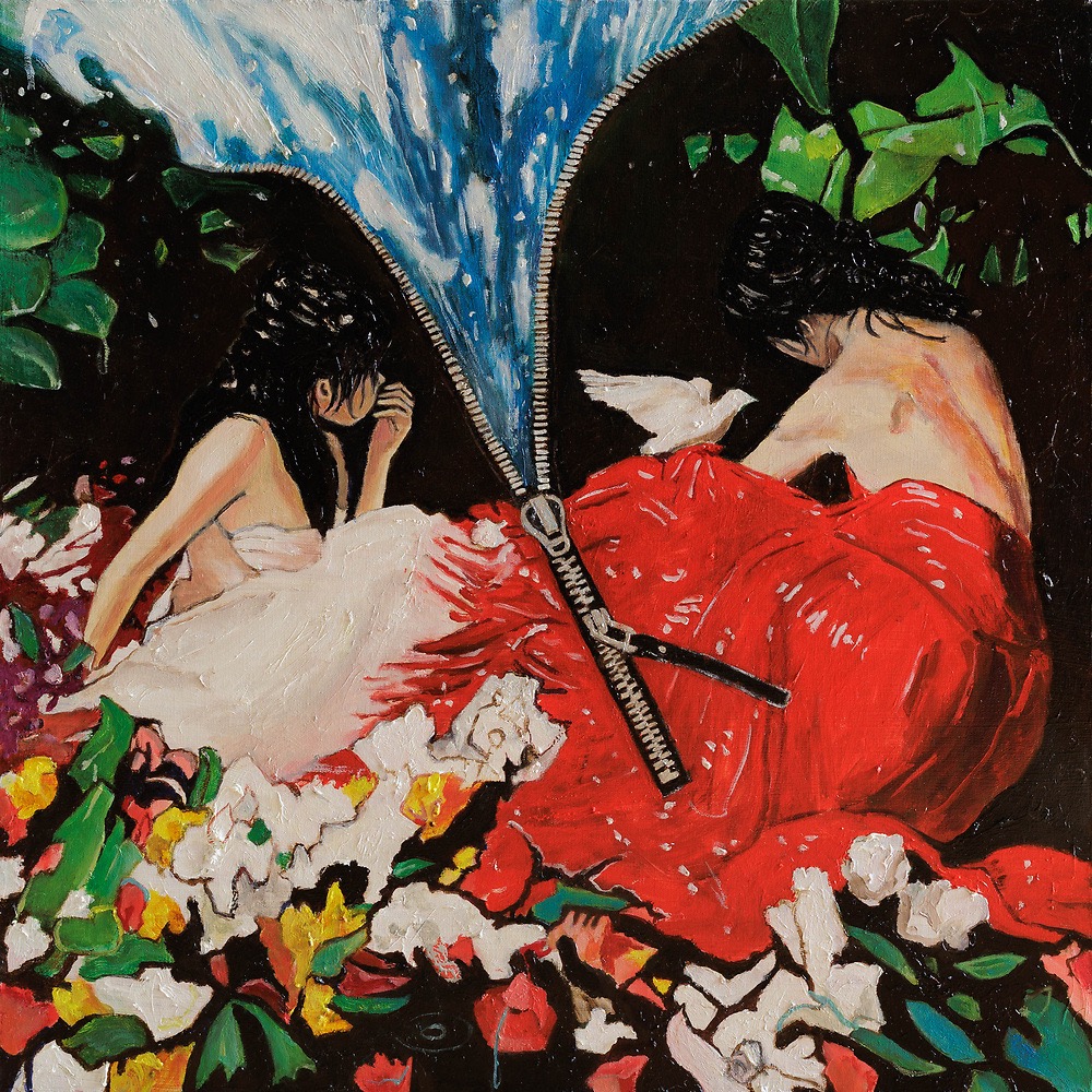 Two women with dark hair, one in a white dress and the other in a red dress, surrounded by flowers and greenery.
