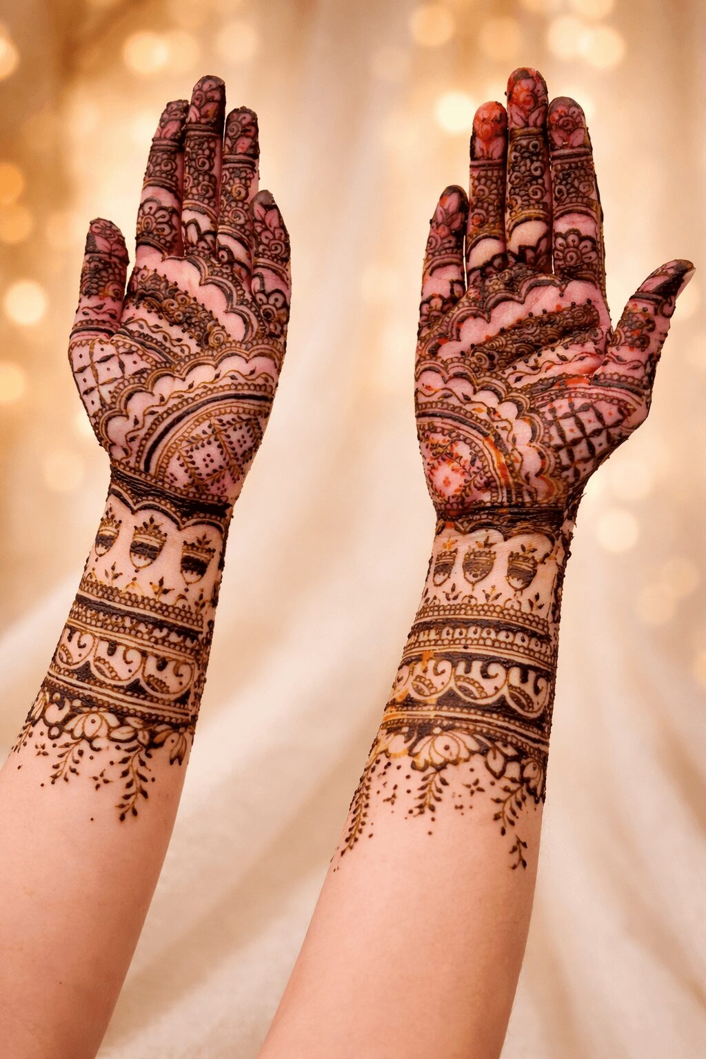 Two hands with intricate henna designs raised, against a blurred warm background, showing detailed patterns on palms and wrists.