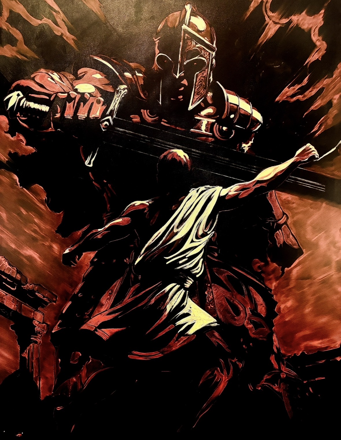 A large armored figure with a helmet looms over a person holding a sword, set against a fiery background.