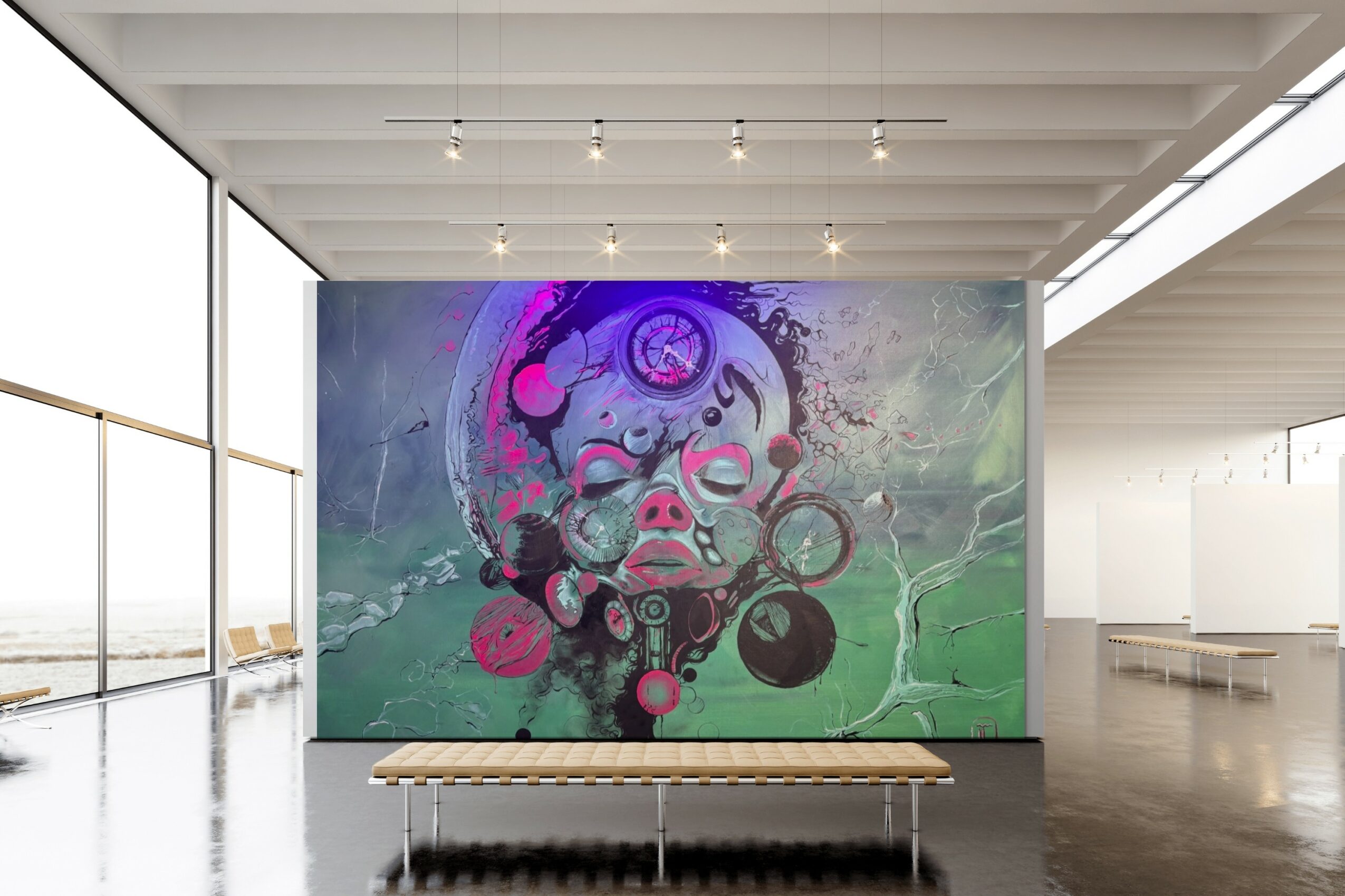 Colorful abstract mural with pink, purple, and green shapes on a wall in a modern gallery space.