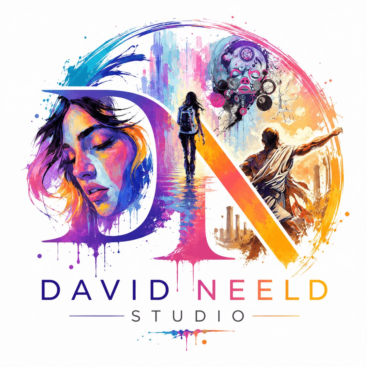 Colorful artistic logo with a woman's face, a person walking, and a dancer, with studio name below.