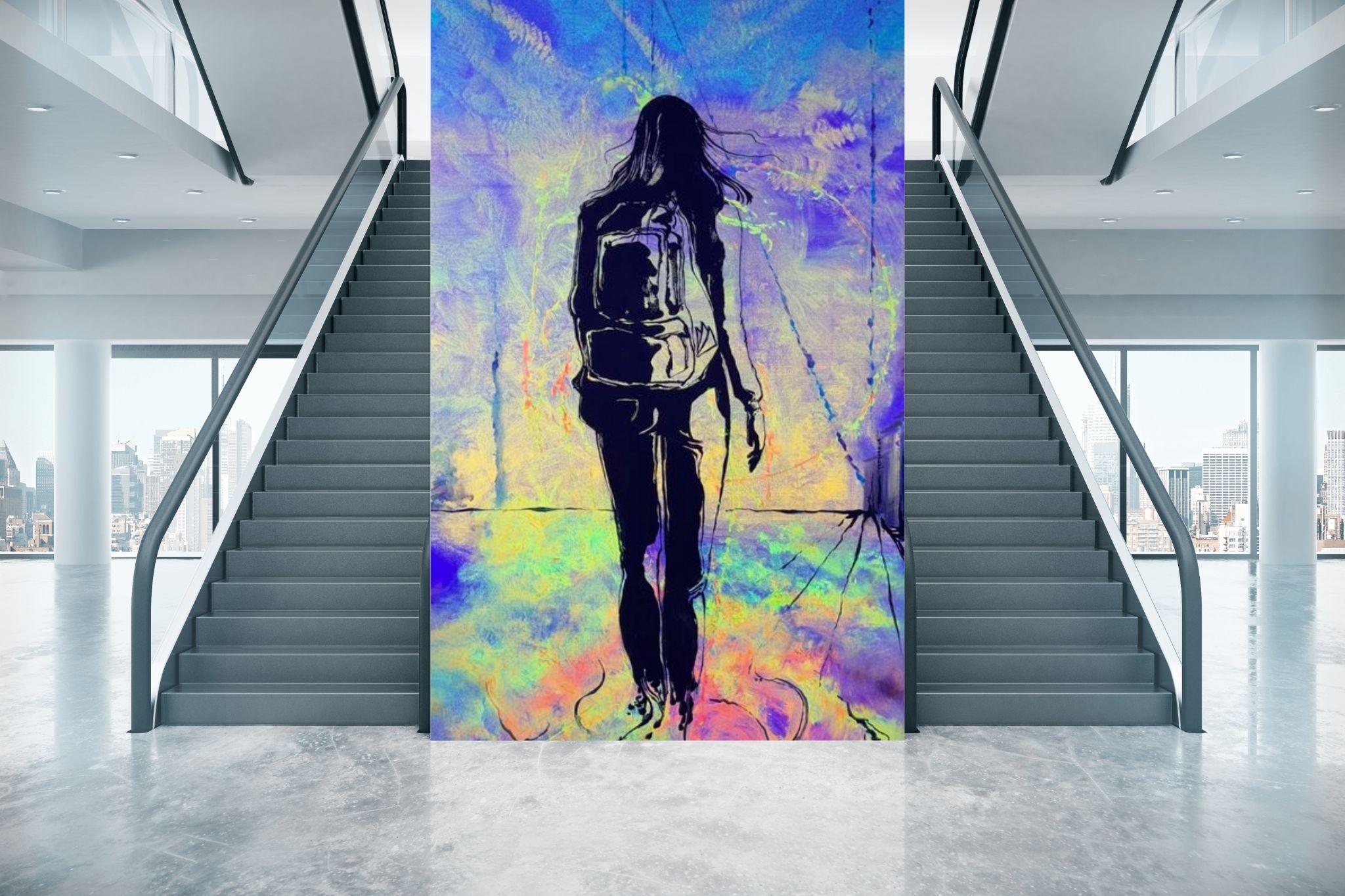 Silhouette of a person walking with a backpack, holding a stick, against a colorful abstract background.